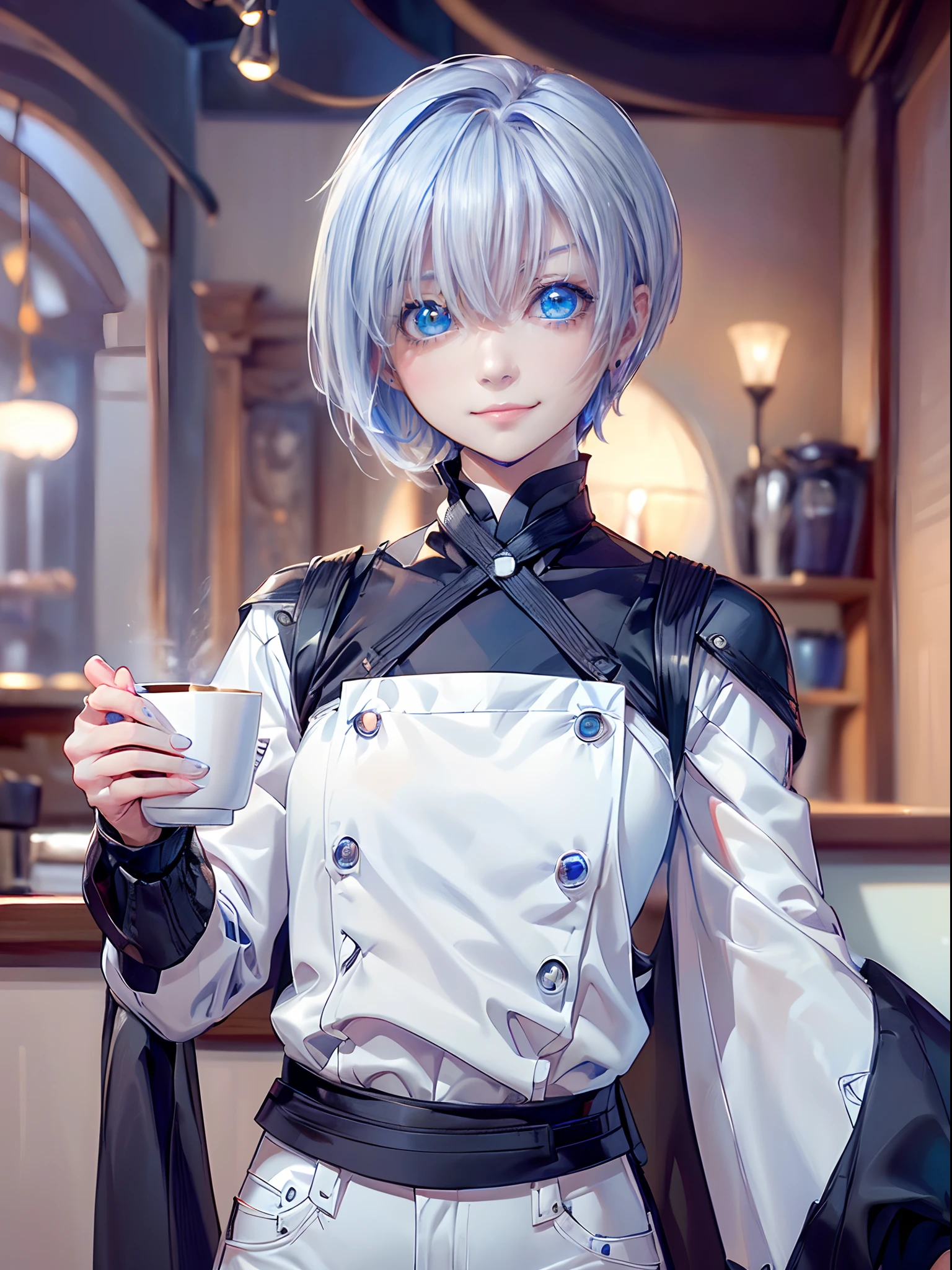 ((4K works))、masterpiece、(top-quality)、1 beutiful girl、Slim body、tall、((Black Y-shirt and white pants、Charming street style))、(Detailed beautiful eyes)、Daytime coffee shop、((Bright coffee shop))、For a date at a fashionable coffee shop、((Face similar to Carly Rae Jepsen))、((short-haired white hair))、((Smaller face))、((Neutral face))、((Bright blue eyes))、((American adult women))、((Adult female 26 years old))、((cool lady))、((Like a celebrity))、((Smiling expression))、((Korean Makeup))、((elongated and sharp eyes))、((Happy dating))、((boyish))、((Upper body photography))、Professional Photos
