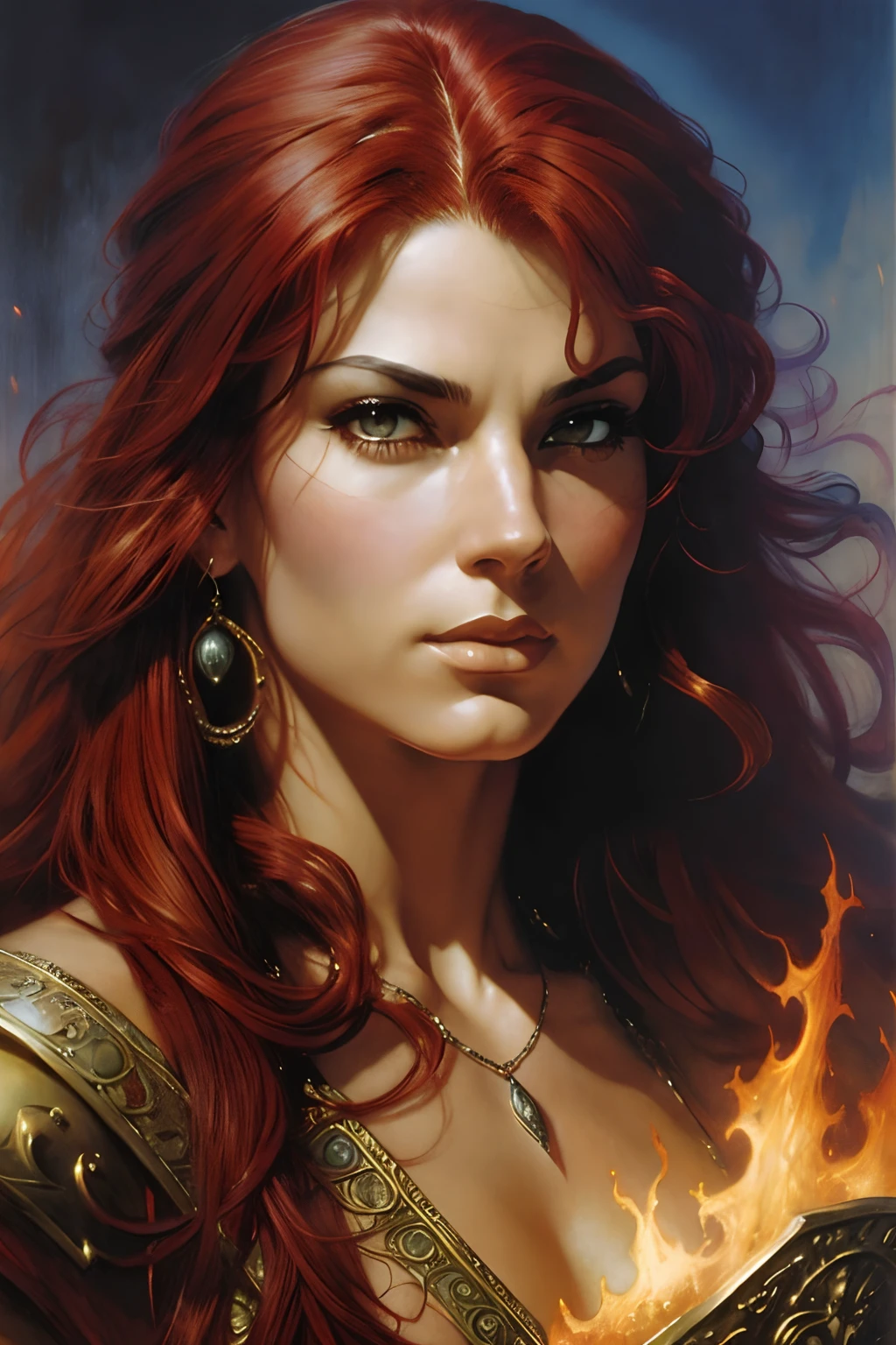 ((realistic:1.5)),((best quality)), ((masterpiece)),((detailed))a powerful sorcerous, red hair, stern, casting powerful magic, by Frank Frazetta, by Luis Royo, by boris vallejo,