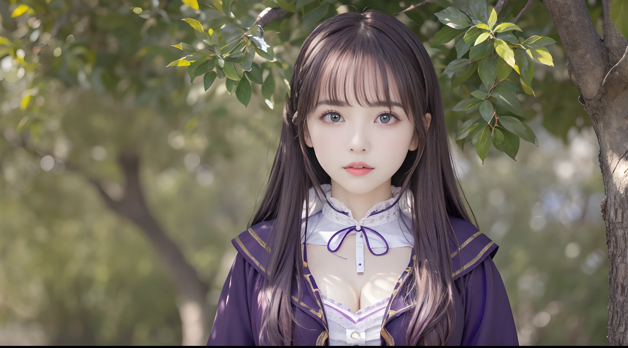 top-quality、masterpiece、(Realism:1.2)、high quality photograph、Girl with hair and purple eyes、I'm looking at this、 (Bust Sharp Hocus)、Beautiful big eyes、(perfect large breasts)、kawaii、