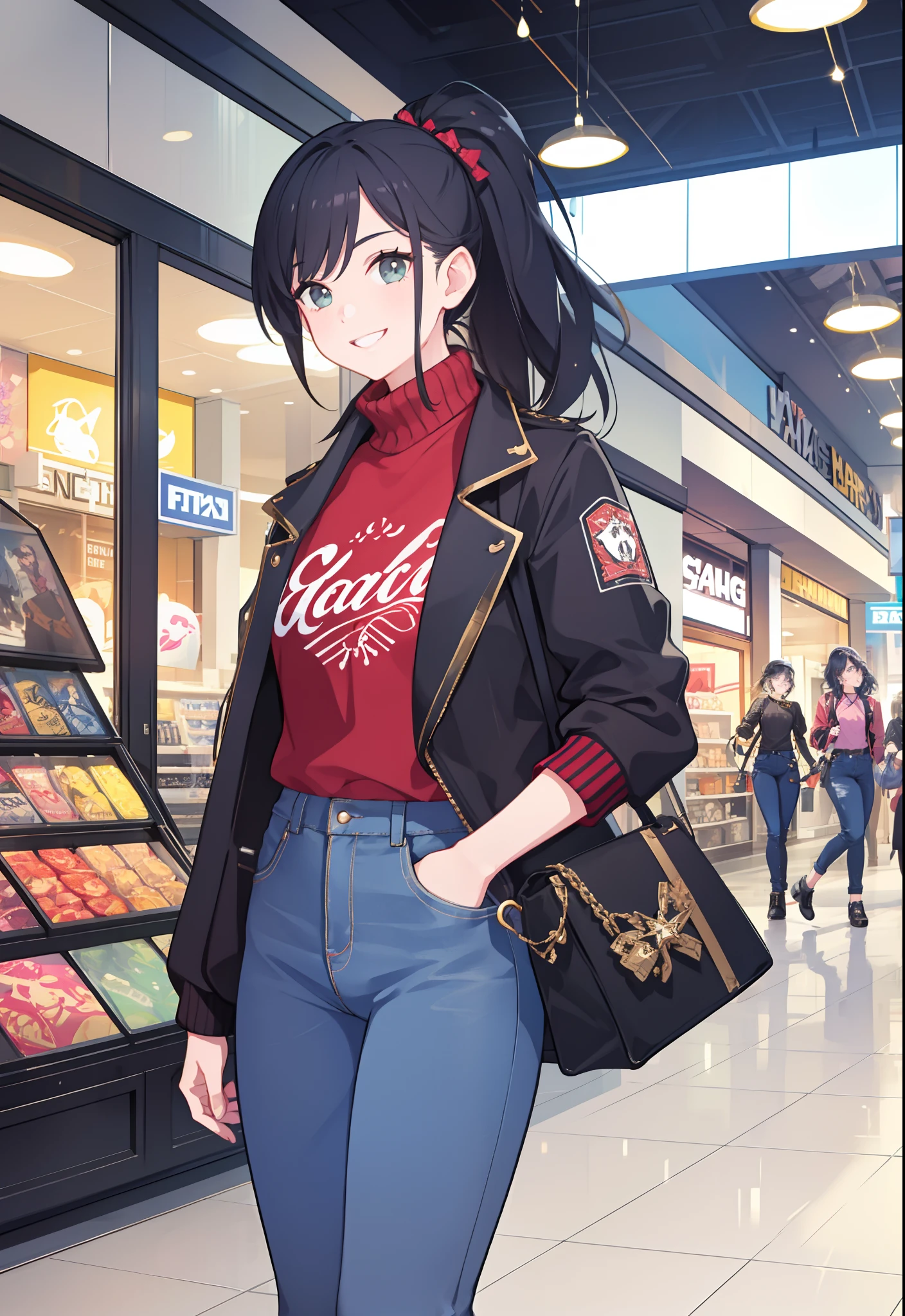 a masculine girl at a mall, wearing pants, cute, smiling