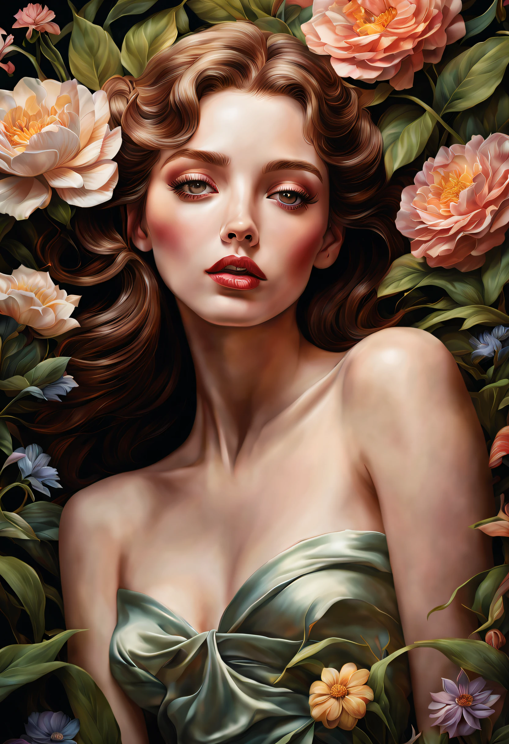 chiaroscuro technique on sensual illustration of an elegant , retro and vintage ,silky flower around body, matte painting, by Hannah Dale, by Harumi Hironaka, extremely soft colors, vibrant, pastel, highly detailed, digital artwork, high contrast, dramatic, refined, tonal, golden ratio (best quality,4k,8k,highres,masterpiece:1.2),ultra-detailed,(realistic,photorealistic,photo-realistic:1.37),A girl in a garden,beautiful detailed eyes,beautiful detailed lips,extremely detailed eyes and face,long eyelashes,2girls,illustration,soft lighting,vibrant colors,flowers in the background,fine brush strokes,dreamy atmosphere,warm color tones,nature elements,lush greenery,gentle breeze,playful laughter,feminine beauty,fantasy-inspired setting