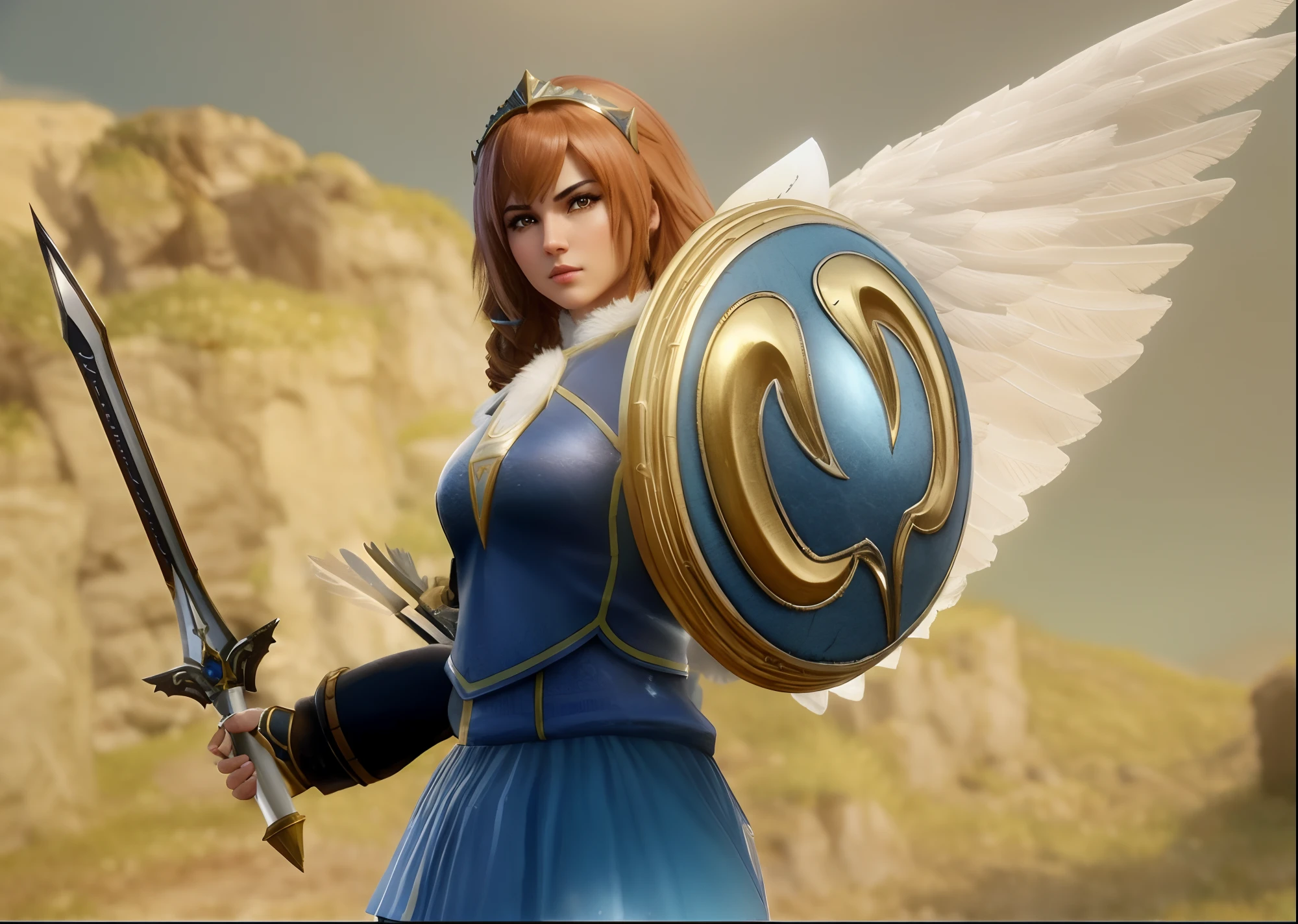 um close up de uma mulher segurando um arco e flecha, unreal motor render saint seiya, personagem de jogo de luta, angel in plastic armor, valkyrie style character, Alma Calibur, as a mystical valkyrie, Detalhes do caractere 8K, menina do cavaleiro do anjo, Natalie de Epic Battle Fantasy, como personagem em tekken, Armor angle with wing, unreal engine render + uma deusa