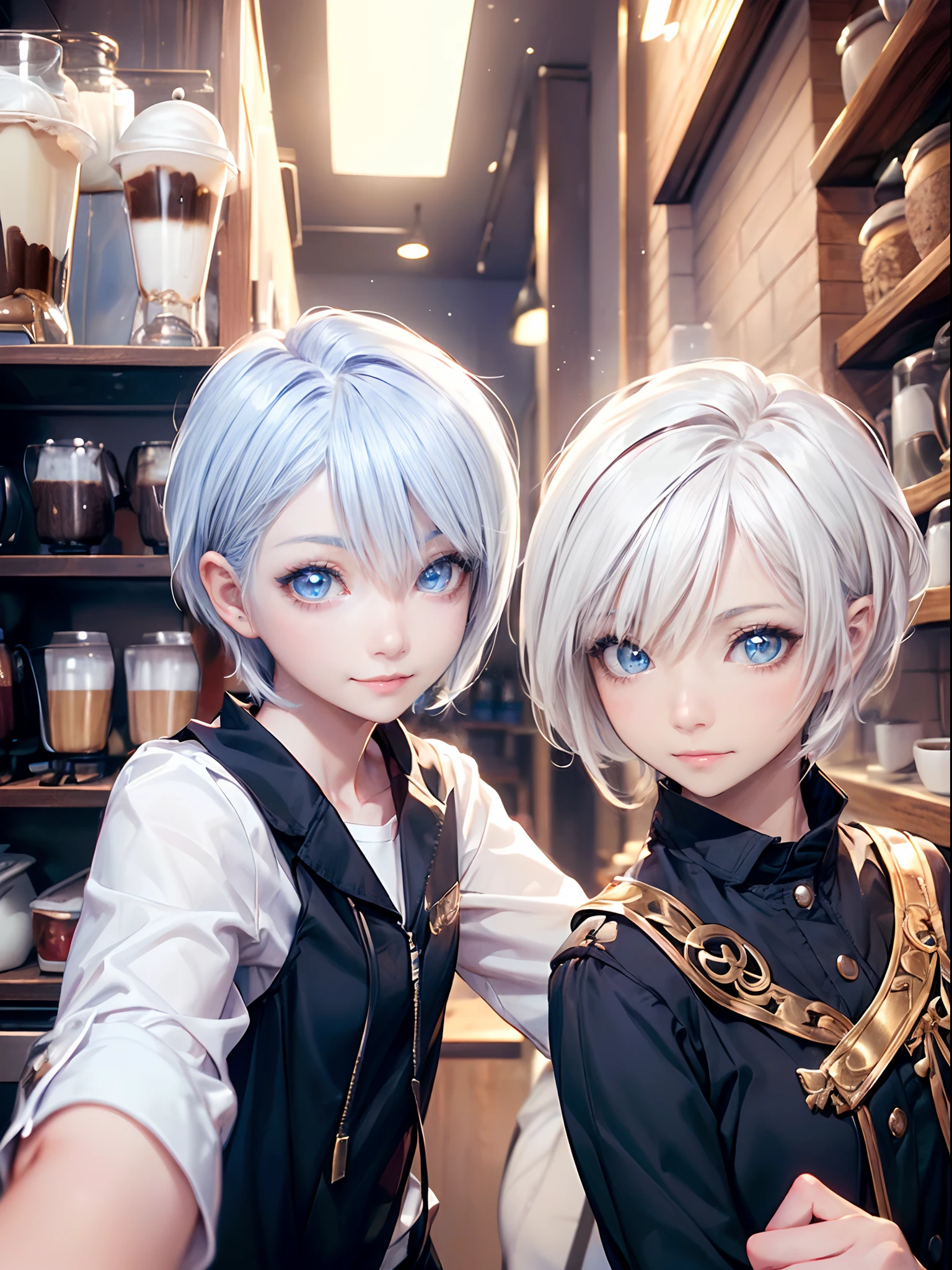 ((4K works))、​masterpiece、(top-quality)、1 beutiful girl、Slim body、tall、((Black Y-shirt and white pants、Charming street style))、(Detailed beautiful eyes)、Daytime coffee shop、((Bright coffee shop))、For a date at a fashionable coffee shop、((Face similar to Carly Rae Jepsen))、((Short-haired white hair))、((Smaller face))、((Neutral face))、((Bright blue eyes))、((American adult women))、((Adult female 26 years old))、((cool lady))、((Like a celebrity))、((Smiling expression))、((Korean Makeup))、((elongated and sharp eyes))、((Happy dating))、((boyish))、((Upper body photography))、Professional Photos