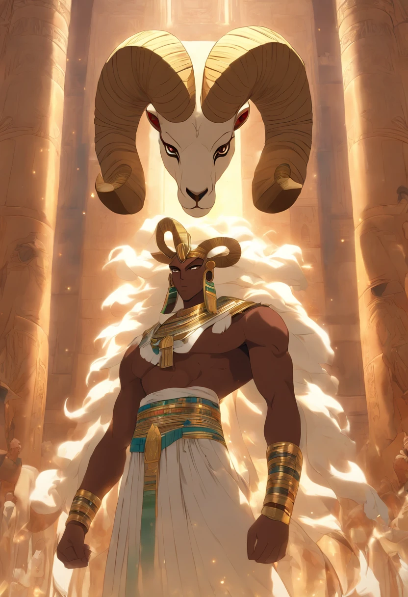 (((Man's body and ram's head)) best quality, very high resolution, 4K detailed CG, masterpiece, Egyptian mythology, KHNUM, sun in the background, Ancient Egypt, standing pose, ram's head, white clothes , Egyptian clothing, Egyptian temple, desert, Ancient Egypt, ((ram's head, man's body)), Egyptian palace, aesthetics, beautiful image, centered on screen, standing pose