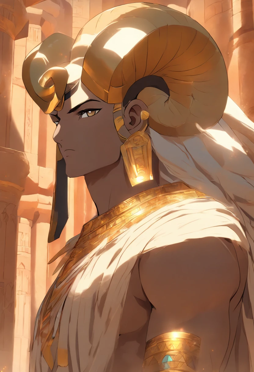 (((Man's body and ram's head)) best quality, very high resolution, 4K detailed CG, masterpiece, Egyptian mythology, KHNUM, sun in the background, Ancient Egypt, standing pose, ram's head, white clothes , Egyptian clothing, Egyptian temple, desert, Ancient Egypt, ((ram's head, man's body)), Egyptian palace, aesthetics, beautiful image, centered on screen, standing pose