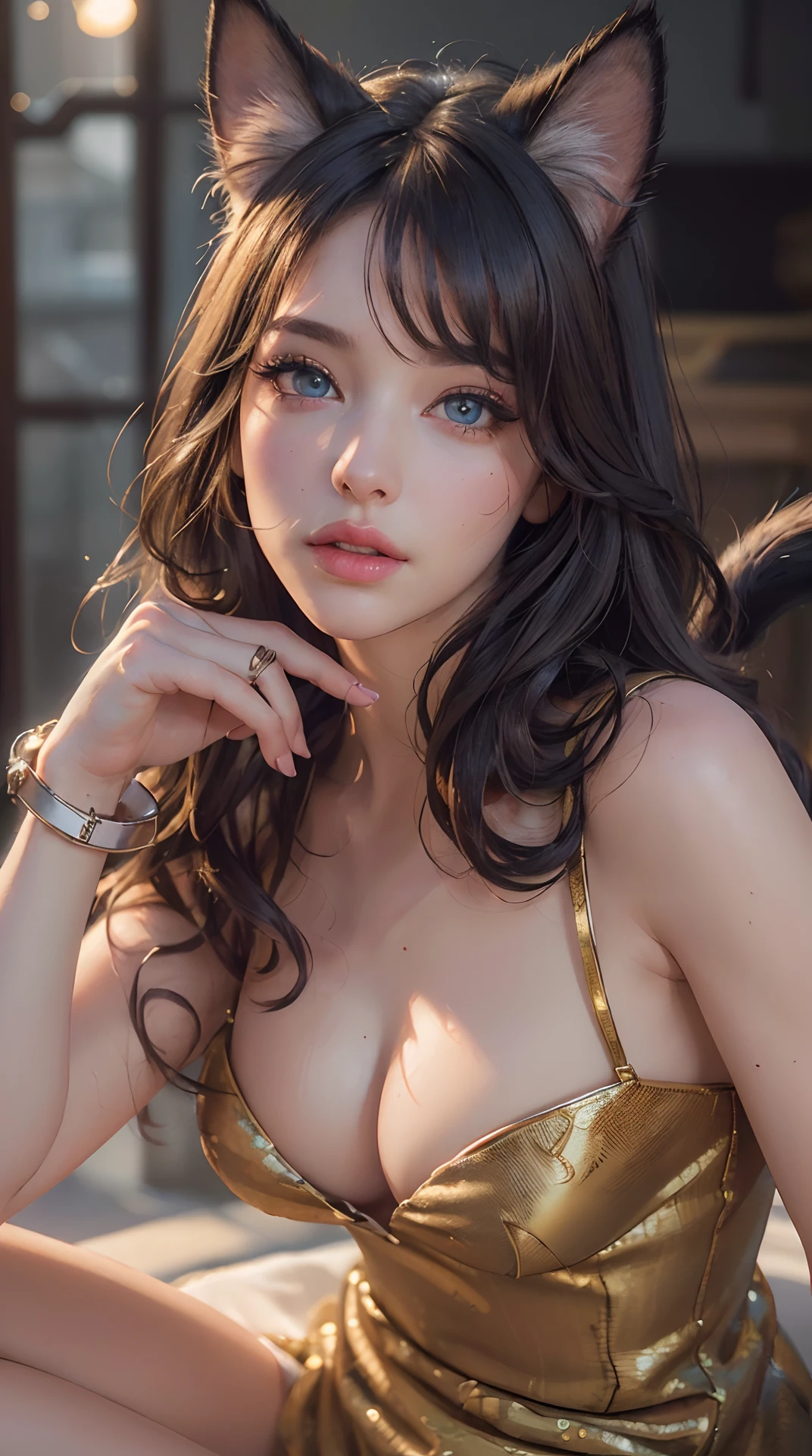 (best quality,4k,8k,highres,masterpiece:1.2), ultra-detailed, (realistic,photorealistic,photo-realistic:1.37),(beautiful detailed eyes, beautiful detailed lips, extremely detailed eyes and face, long eyelashes),studio lighting,physically-based rendering,vivid colors,(Woman with cat ears, fur clothing, cat tail),