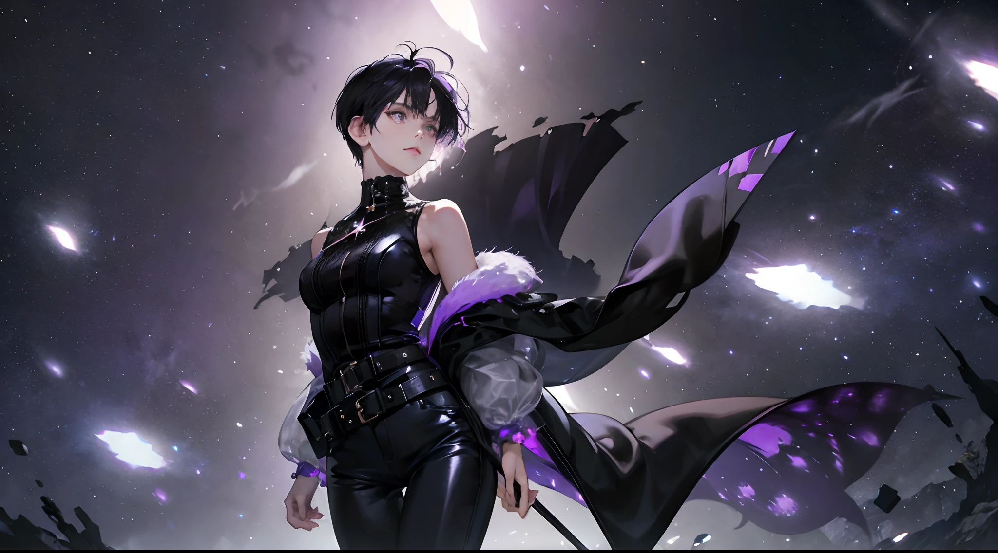 (Best Quality,4K,High resolution), 18yo woman, Purple mesh hair on black hair, Boyish short-haired , Comical appearance,(Best Quality,4K,High resolution), 18yo woman, Purple highlights on black hair, Bery short hair,disheveled short hair ,(Best Quality,4K,High resolution),Sharp eyes ,Cold eyes,purple glowing eyes,Facial expression enhancement,Delicate illustrations drawn in detail,Intricately decorated high neck,sleeveless jacket,Black and purple color scheme,Tight leather pants,cross belt,Realistic portrayal,Vibrant colors,expresive,Quiet moonlight background(Best Quality,4K,High resolution), Comical appearance,(Best Quality,4K,High resolution), 18yo woman, Purple highlights on black hair, shorth hair,Bery short hair, Beautiful woman,Cold eyes ,sharp eye,comic strip,animesque,Deformed cute illustration,Full body projection,Starlight,sleep,Take your eyes off,looking at sky,Losing sight of tomorrow,Time to be crushed,