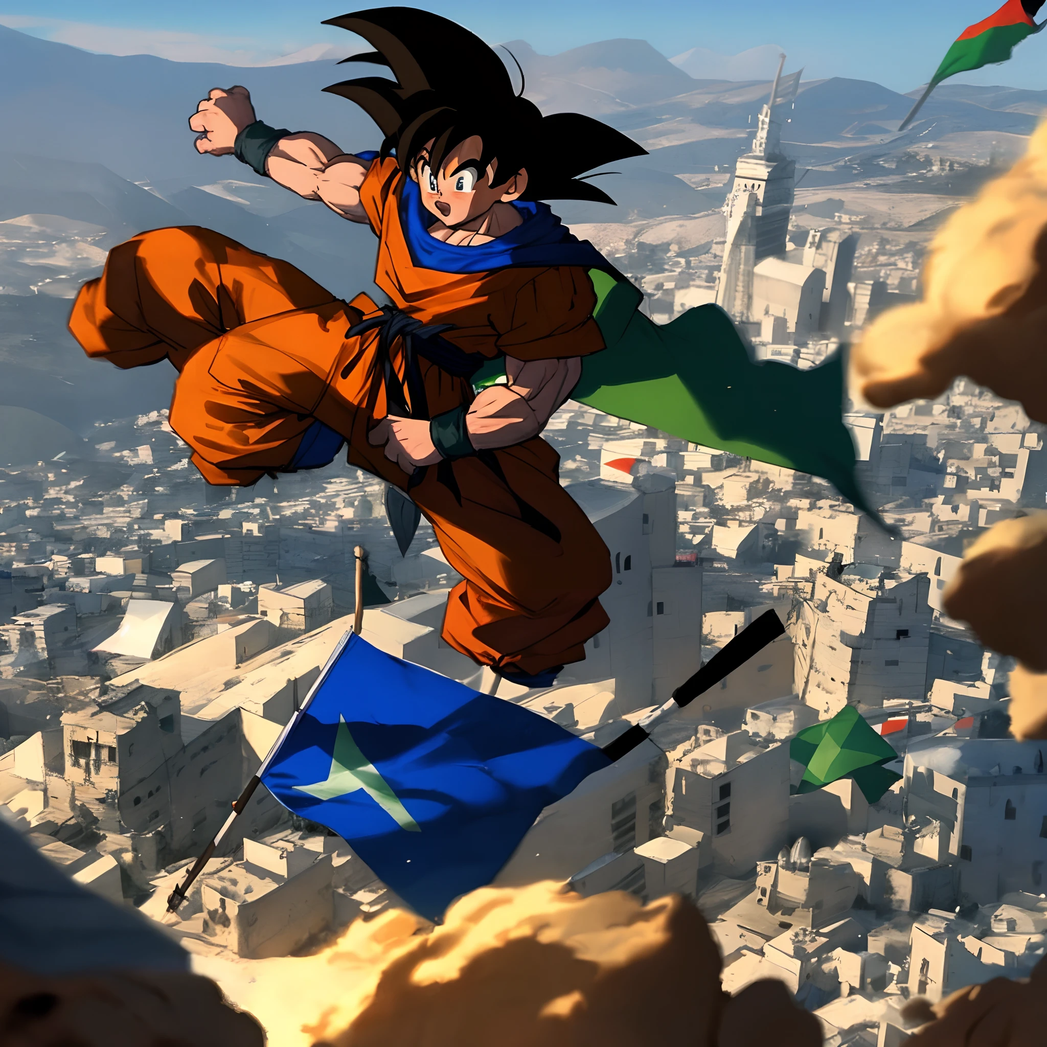 Goku carrying a Palestinian flag