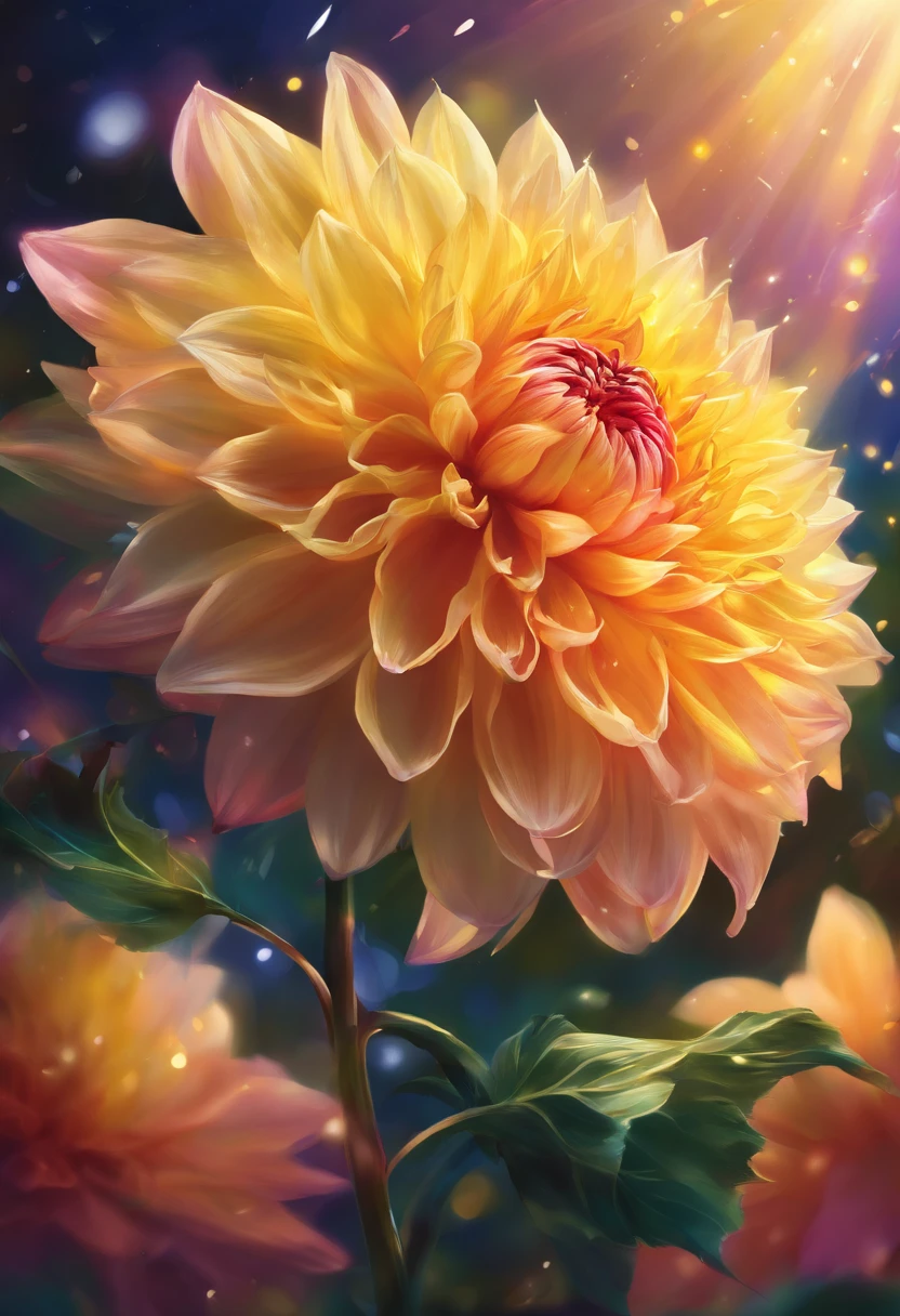There are yellow flowers with stars on the background, A delicate flower that shines brightly, giant dahlia flower head, Luminous flowers, Close-up of giant dahlia flower head, photorealistic detailed picture, Beautiful flowers, Draw flowers, Yellow glowing magic, rendered illustration, photorealistic highly detailed, photorealistic illustration, fotorrealista altamente detalhado, higher detailed illustrations, beautiful glowing backlit, light bloom sunlight, hyper photorealism, Cinematic lighting, Chiaroscuro