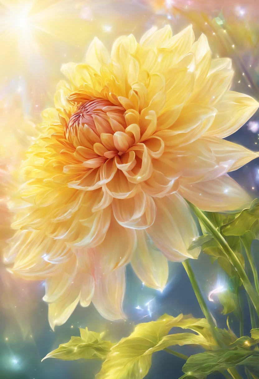 There are yellow flowers with stars on the background, A delicate flower that shines brightly, giant dahlia flower head, Luminous flowers, Close-up of giant dahlia flower head, photorealistic detailed picture, Beautiful flowers, Draw flowers, Yellow glowing magic, rendered illustration, photorealistic highly detailed, photorealistic illustration, fotorrealista altamente detalhado, higher detailed illustrations, beautiful glowing backlit, light bloom sunlight, hyper photorealism, Cinematic lighting, Chiaroscuro