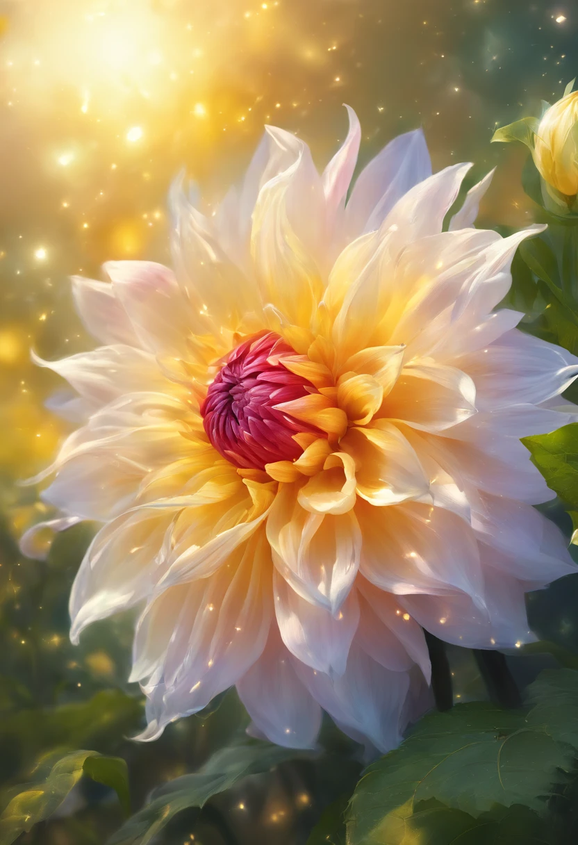 There are yellow flowers with stars on the background, A delicate flower that shines brightly, giant dahlia flower head, Luminous flowers, Close-up of giant dahlia flower head, photorealistic detailed picture, Beautiful flowers, Draw flowers, Yellow glowing magic, rendered illustration, photorealistic highly detailed, photorealistic illustration, fotorrealista altamente detalhado, higher detailed illustrations, beautiful glowing backlit, light bloom sunlight, hyper photorealism, Cinematic lighting, Chiaroscuro