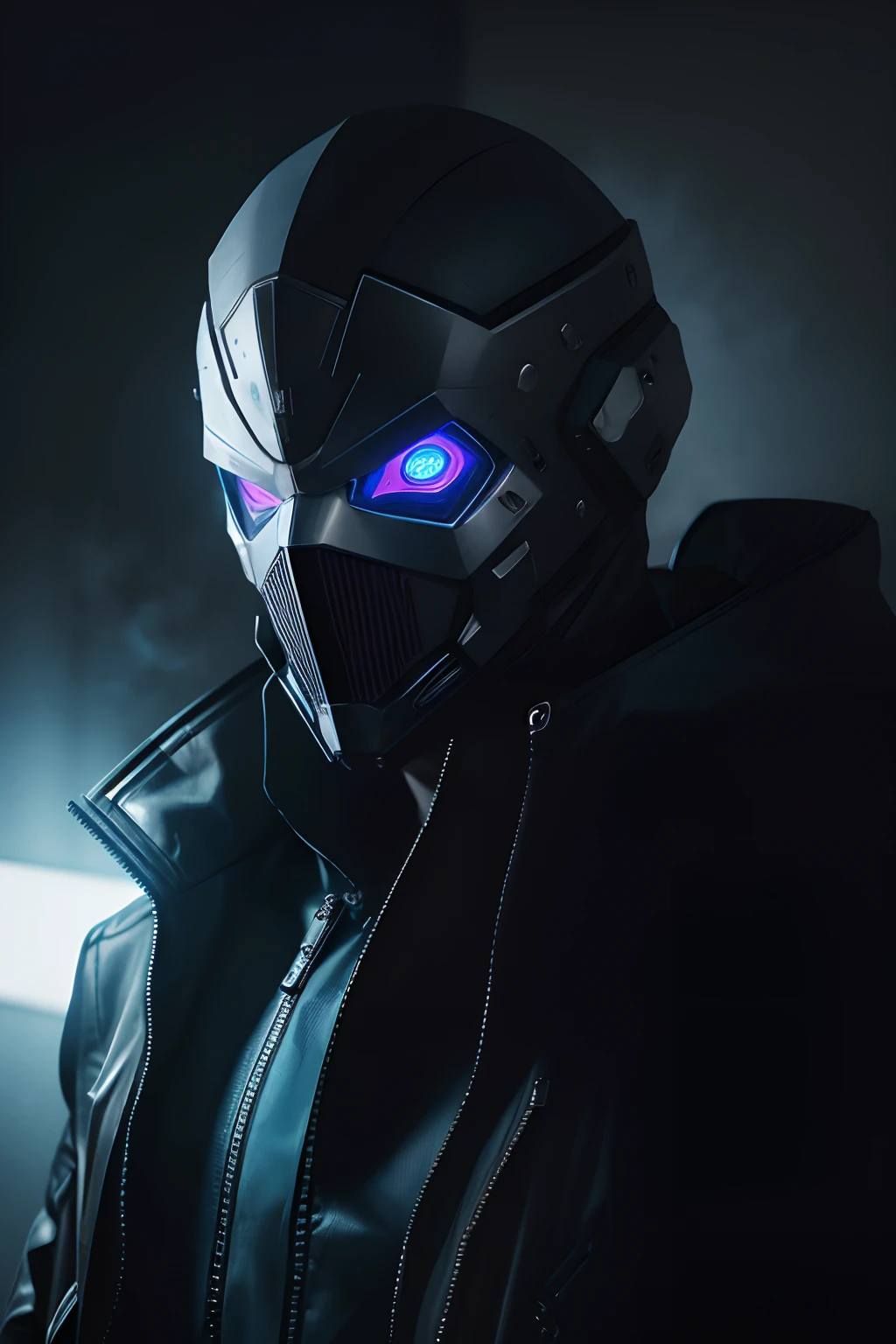 Man in unique mask with cosmic eyes and futuristic overcoat, Simple smoky background, cabelos jogados para o lado, futuristic mask, estilo cyberpunk visto da cinta para cima, Foto realista, 8k, 4k, extreme res, ultra high-resolution, dynamic lighting