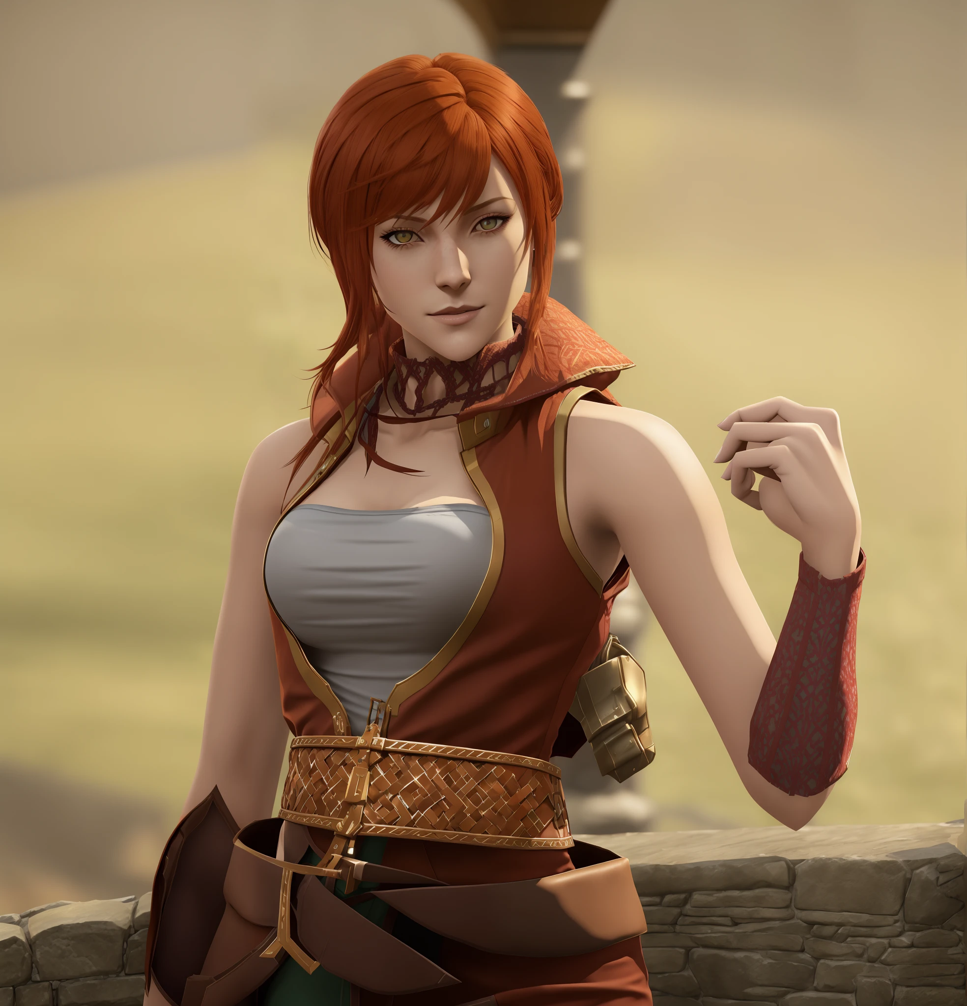 There's a woman with red hair and a brown vest, female redhead templar, Ciarina, personagem feminina, protagonista feminina, roupa leeloo, protagonista feminina 👀 :8, personagem de jogo de luta, Triss Merigold, d&d protagonista, como personagem em tekken, video game character, personagem principal, Sienna, protagonista feminina, Personagem close up