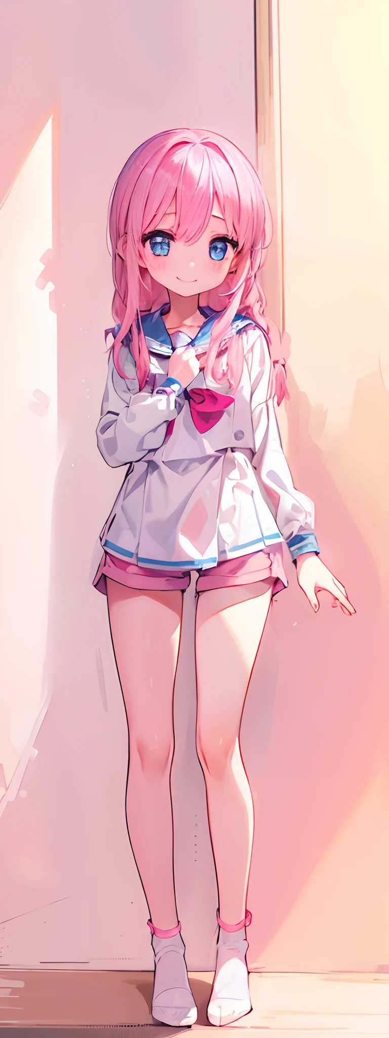 Beautiful illustration, Best Quality, (12-year-old girl:1.4)、(cute petit girl：1.5)、Lori、flat chest、Sailor collar、hand on the breasts、(White Long Tunic)、Long-sleeved sailor suit、Blue-line cuffs、(Pink Chino Shorts：1.4)、(Wide opening in pink shorts：1.2)、Gap between thigh and shorts、Clean thighs、White socks、Beautiful blue eyes, Cinematic lighting, (Long pink hair)、pink straight hair、(Euphoric smile)、Redness of the cheeks、(Braiding of the occipital part)