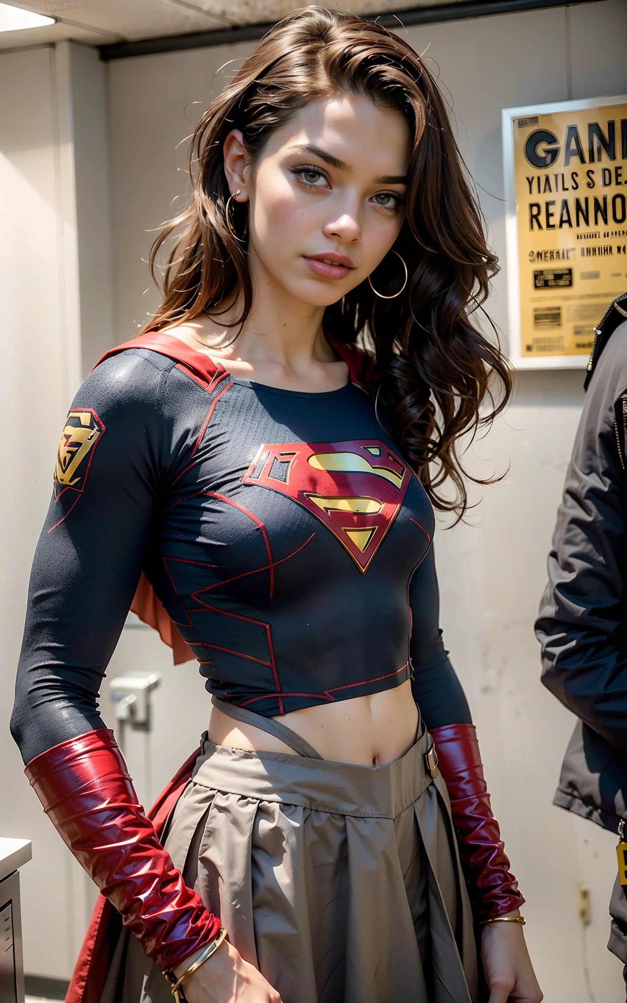 Mulher bonita cabelo loiro longo corpo definido seios enormes, usando cosplay da Supergirl com micro top e mincro saia vermelha e meias 7/8 em renda