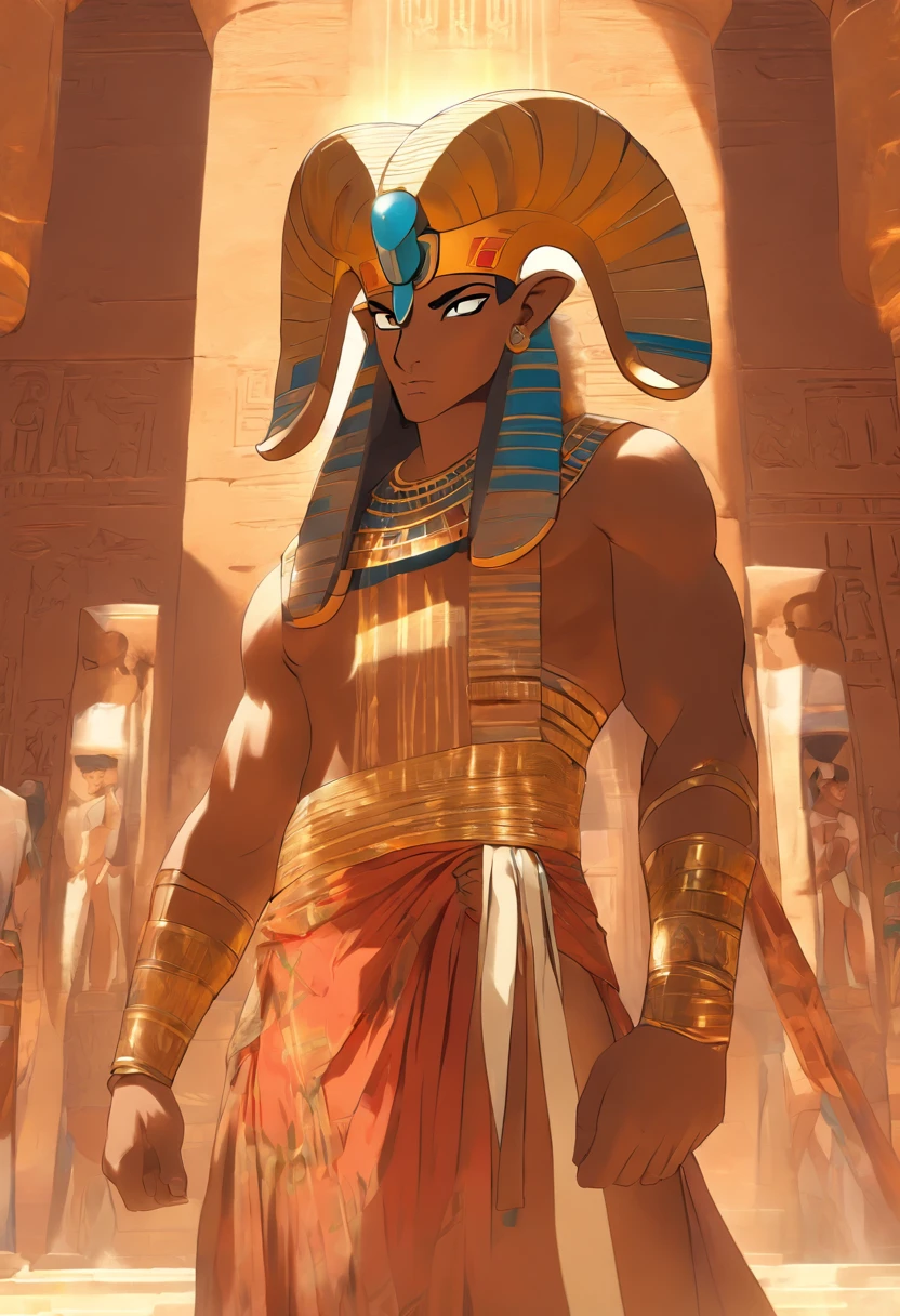 (((Man's body and ram's head)), best quality, very high resolution, 4K detailed CG, masterpiece, Egyptian mythology, KHNUM, sun in the background, Ancient Egypt, standing pose, ram's face, clothes white, Egyptian clothing, Egyptian temple, desert, Ancient Egypt, ((ram's head, man's body)), Egyptian palace, aesthetics, beautiful image, centered on screen, standing pose