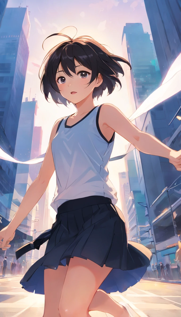 ((最高品質, 10)), (Realistic), (face focus: 1.1), (White & Black: 1.3), Cute Girl, Short Hair Hair, I fluttered in the wind., turned sideways, Look up at your face., Closed eyes, (sleeveless: 1.1)、skirts, G Cup Bust,
