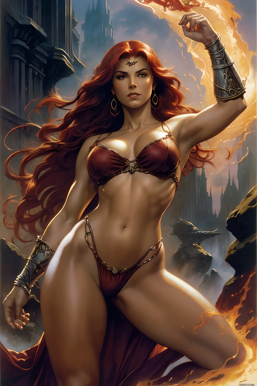 ((realistic:1.5)),((best quality)), ((masterpiece)),((detailed))a powerful sorcerous, red hair, stern, by Frank Frazetta, by Luis Royo, by boris vallejo,