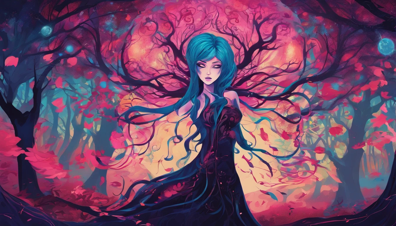 (a blue-haired demon woman,spells:1.1,glowing:1.1)(illustration)(best quality,ultra-detailed,realistic:1.37),demonic witch(demonic:1.1)(magic:1.1)(forest)(dark and mysterious,ominous atmosphere),casting powerful spells,creating magical energy(magic:1.1),vibrant pink hair(swirling pink hair)(flowing pink hair),horns(devil horns:1.1),piercing red eyes,enchanted scepter(magical scepter),elaborate dark robe,glowing magical sigils,fiery embers swirling(magical embers:1.1)(glowing embers),magical aura(glowing aura),eerie shadows,otherworldly presence(presence),sinister smile,nightfall in the background(dark night:1.1)(moonlit forest),lush and dense foliage(twisted trees)(mystical plants:1.1),mystical particles(swirling particles)(floating particles),ethereal glow(ethereal:1.1)(soft glow),faint moonlight breaking through the trees,haunting and captivating(scary atmosphere),bewitching beauty,wide range of colors(vivid colors)(contrasting colors),mystical realm,impressive details,dynamic composition,mesmerizing artwork,photorealistic style(picasso style),impressive shading and lighting,explosive energy,magical atmosphere(fantasy atmosphere),dreamlike scene