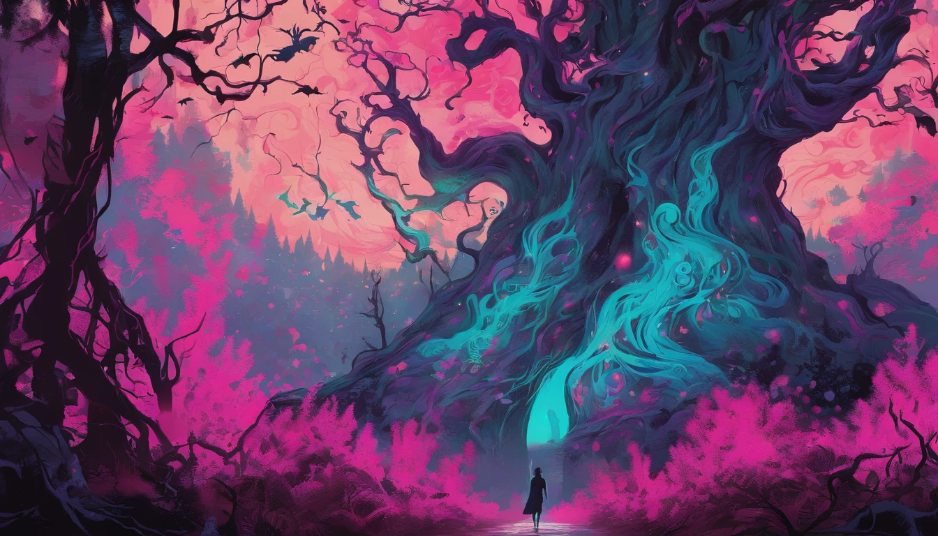 (a pink-haired demon woman,spells:1.1,glowing:1.1)(illustration)(best quality,ultra-detailed,realistic:1.37),demonic witch(demonic:1.1)(magic:1.1)(forest)(dark and mysterious,ominous atmosphere),casting powerful spells,creating magical energy(magic:1.1),vibrant pink hair(swirling pink hair)(flowing pink hair),horns(devil horns:1.1),piercing red eyes,enchanted scepter(magical scepter),elaborate dark robe,glowing magical sigils,fiery embers swirling(magical embers:1.1)(glowing embers),magical aura(glowing aura),eerie shadows,otherworldly presence(presence),sinister smile,nightfall in the background(dark night:1.1)(moonlit forest),lush and dense foliage(twisted trees)(mystical plants:1.1),mystical particles(swirling particles)(floating particles),ethereal glow(ethereal:1.1)(soft glow),faint moonlight breaking through the trees,haunting and captivating(scary atmosphere),bewitching beauty,wide range of colors(vivid colors)(contrasting colors),mystical realm,impressive details,dynamic composition,mesmerizing artwork,photorealistic style(picasso style),impressive shading and lighting,explosive energy,magical atmosphere(fantasy atmosphere),dreamlike scene