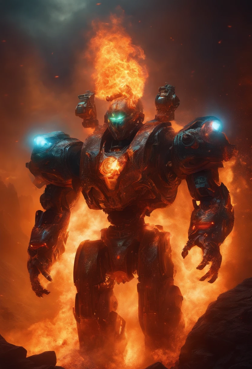 A scifi fire elemental fighting a robot.