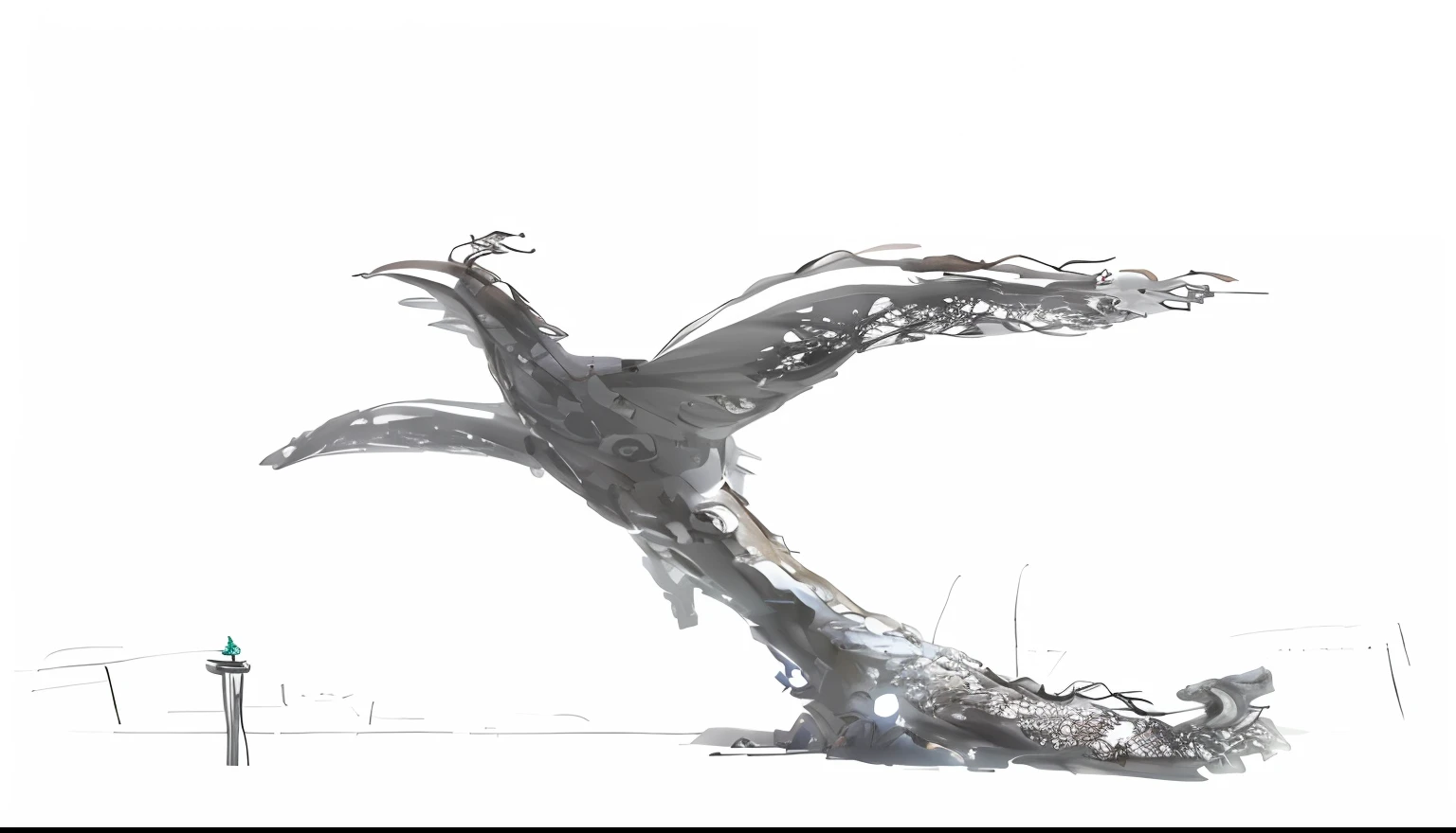 Painting of a man standing in front of a sculpture of a big bird, The sculpture combines Taihu stone，Blue sky，metal sculpture，concept sketches, Concept illustration, digital sketch, conceptual drawing, inspired by Sugimura Jihei,  detailed but rough, concept artwork, concept-art, concept-art, Rough sketch, dragon flying in the background, concept piece, oc rendered, whirly, concept-art!