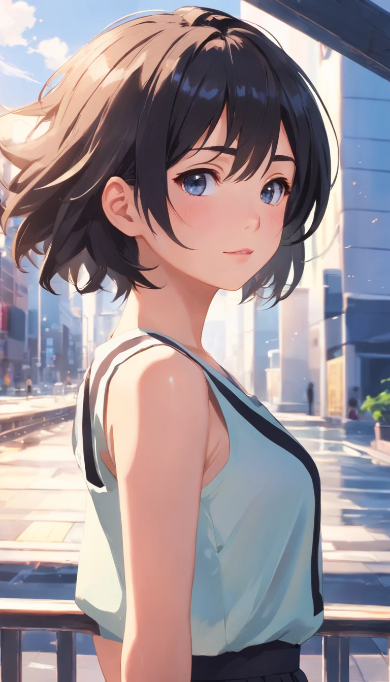 ((top-quality, 10)), (Realistic), (face focus: 1.1), (White & Black: 1.3), Cute Girl, Short Hair Hair, I fluttered in the wind., turned sideways, Look up at your face., Closed eyes, (sleeveless: 1.1)、skirts, G Cup Bust,