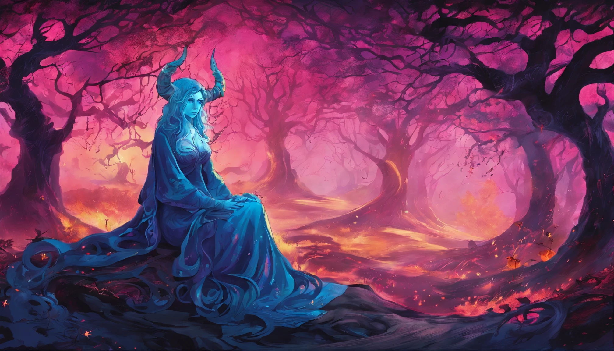 (a blue-haired demon woman,spells:1.1,glowing:1.1)(illustration)(best quality,ultra-detailed,realistic:1.37),demonic witch(demonic:1.1)(magic:1.1)(forest)(dark and mysterious,ominous atmosphere),casting powerful spells,creating magical energy(magic:1.1),vibrant pink hair(swirling pink hair)(flowing pink hair),horns(devil horns:1.1),piercing red eyes,enchanted scepter(magical scepter),elaborate dark robe,glowing magical sigils,fiery embers swirling(magical embers:1.1)(glowing embers),magical aura(glowing aura),eerie shadows,otherworldly presence(presence),sinister smile,nightfall in the background(dark night:1.1)(moonlit forest),lush and dense foliage(twisted trees)(mystical plants:1.1),mystical particles(swirling particles)(floating particles),ethereal glow(ethereal:1.1)(soft glow),faint moonlight breaking through the trees,haunting and captivating(scary atmosphere),bewitching beauty,wide range of colors(vivid colors)(contrasting colors),mystical realm,impressive details,dynamic composition,mesmerizing artwork,photorealistic style(picasso style),impressive shading and lighting,explosive energy,magical atmosphere(fantasy atmosphere),dreamlike scene