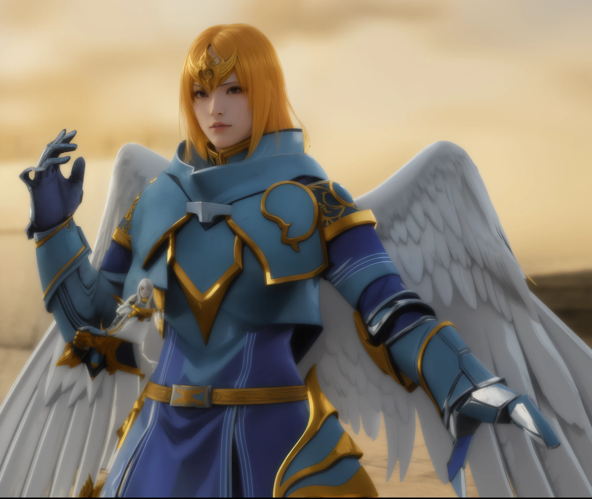 Anime - imagem de estilo de um anjo feminino com uma espada e uma espada, unreal motor render saint seiya, Alma Calibur, arcanjo, Serafim, Armor angle with wing, anjo, como personagem em tekken, angel in plastic armor, Tiro distante High Angel, Detalhes do caractere 8K, Eros, Arqueiro alado, Detalhe super fino, Armadura Dourada Angelical