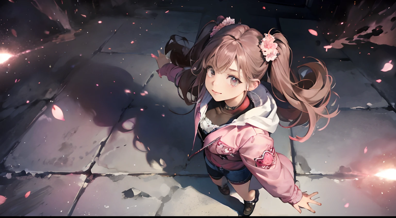 (Best Quality,4K,High resolution), 18yo woman, Pink mesh hair on brown hair, long twin tail hair , Comical appearance,(Best Quality,4K,High resolution), 18yo woman, Pink highlights on brown hair, Longhair, Twin-tailed,Twin-tailed hair,(Best Quality,4K,High resolution),Beautiful eyes ,big eye,Red glowing eyes,Facial expression enhancement,Delicate illustrations drawn in detail,Intricately decorated hooded long jacket,pink and red color scheme,Denim shorts,cross belt,Realistic portrayal,Vibrant colors,expresive,Classic background(Best Quality,4K,High resolution), Comical appearance,(Best Quality,4K,High resolution), 18yo woman, Pink highlights on brown hair, Long twin tails, Pretty Woman,Beautiful eyes ,kawaii eyes,comic strip,animesque,Deformed cute illustration,Full body projection,Looking down at the camera angle from above,