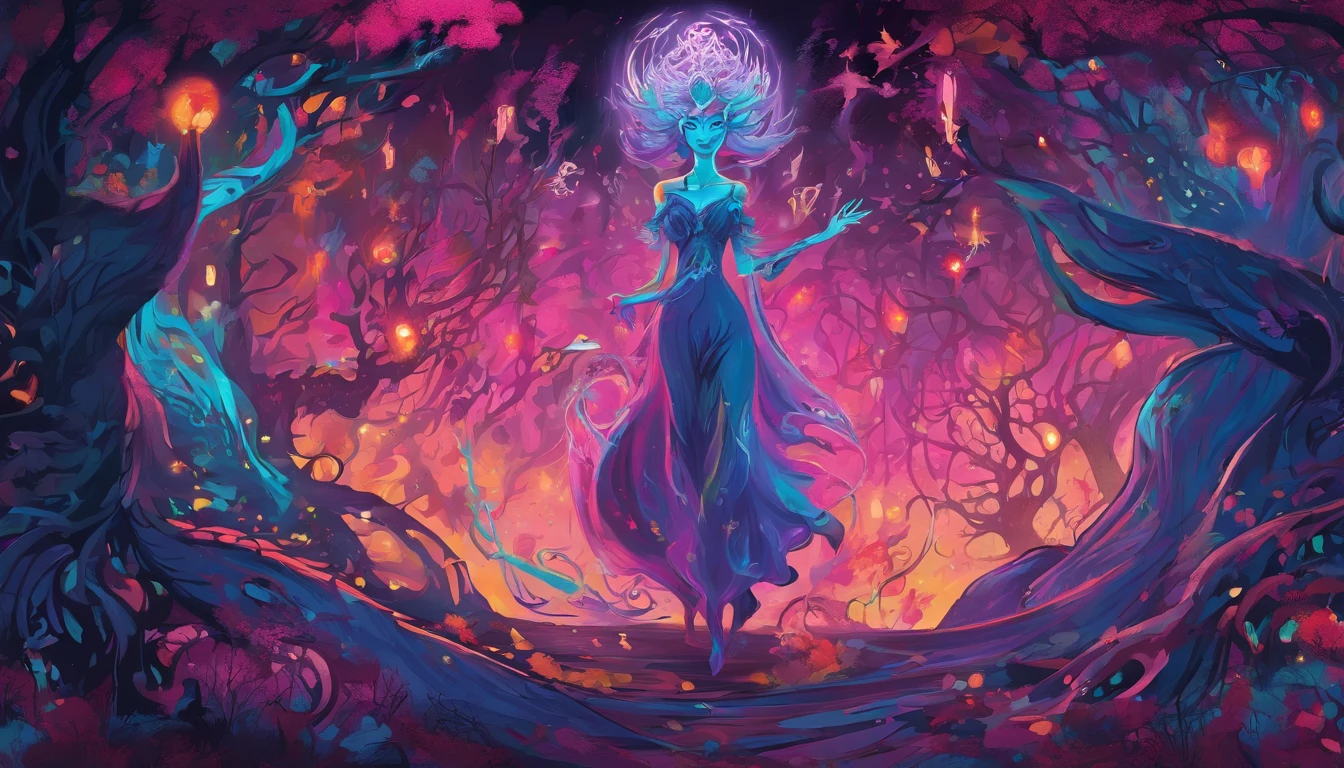 (a blue-haired demon woman,spells:1.1,glowing:1.1)(illustration)(best quality,ultra-detailed,realistic:1.37),demonic witch(demonic:1.1)(magic:1.1)(forest)(dark and mysterious,ominous atmosphere),casting powerful spells,creating magical energy(magic:1.1),vibrant pink hair(swirling pink hair)(flowing pink hair),horns(devil horns:1.1),piercing red eyes,enchanted scepter(magical scepter),elaborate dark robe,glowing magical sigils,fiery embers swirling(magical embers:1.1)(glowing embers),magical aura(glowing aura),eerie shadows,otherworldly presence(presence),sinister smile,nightfall in the background(dark night:1.1)(moonlit forest),lush and dense foliage(twisted trees)(mystical plants:1.1),mystical particles(swirling particles)(floating particles),ethereal glow(ethereal:1.1)(soft glow),faint moonlight breaking through the trees,haunting and captivating(scary atmosphere),bewitching beauty,wide range of colors(vivid colors)(contrasting colors),mystical realm,impressive details,dynamic composition,mesmerizing artwork,photorealistic style(picasso style),impressive shading and lighting,explosive energy,magical atmosphere(fantasy atmosphere),dreamlike scene