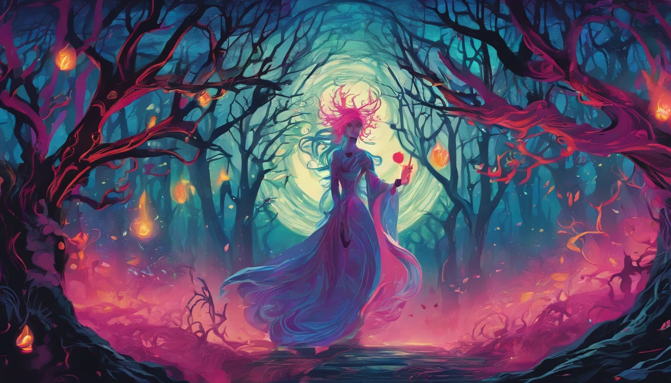 (a blue-haired demon woman,spells:1.1,glowing:1.1)(illustration)(best quality,ultra-detailed,realistic:1.37),demonic witch(demonic:1.1)(magic:1.1)(forest)(dark and mysterious,ominous atmosphere),casting powerful spells,creating magical energy(magic:1.1),vibrant pink hair(swirling pink hair)(flowing pink hair),horns(devil horns:1.1),piercing red eyes,enchanted scepter(magical scepter),elaborate dark robe,glowing magical sigils,fiery embers swirling(magical embers:1.1)(glowing embers),magical aura(glowing aura),eerie shadows,otherworldly presence(presence),sinister smile,nightfall in the background(dark night:1.1)(moonlit forest),lush and dense foliage(twisted trees)(mystical plants:1.1),mystical particles(swirling particles)(floating particles),ethereal glow(ethereal:1.1)(soft glow),faint moonlight breaking through the trees,haunting and captivating(scary atmosphere),bewitching beauty,wide range of colors(vivid colors)(contrasting colors),mystical realm,impressive details,dynamic composition,mesmerizing artwork,photorealistic style(picasso style),impressive shading and lighting,explosive energy,magical atmosphere(fantasy atmosphere),dreamlike scene