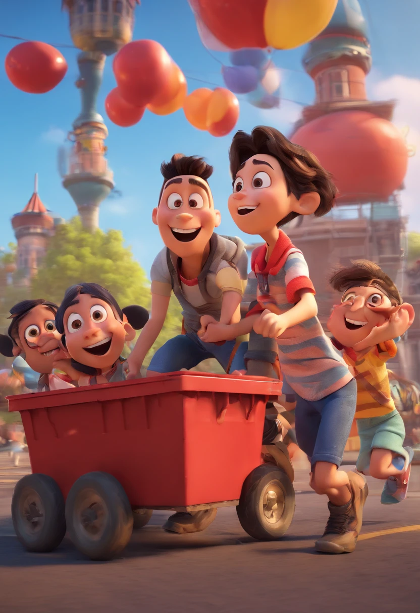 a disney pixar image lookalike 3d animation with 10 kids running from a container catching fire and a vulture buzzard character with crossed arms and a red and bleck horizontally striped shirt in the front with a naughty smile