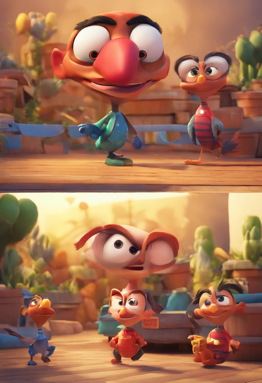 a disney pixar image lookalike 3d animation with 10 kids running from a container catching fire and a vulture buzzard character with crossed arms and a red and bleck horizontally striped shirt in the front with a naughty smile