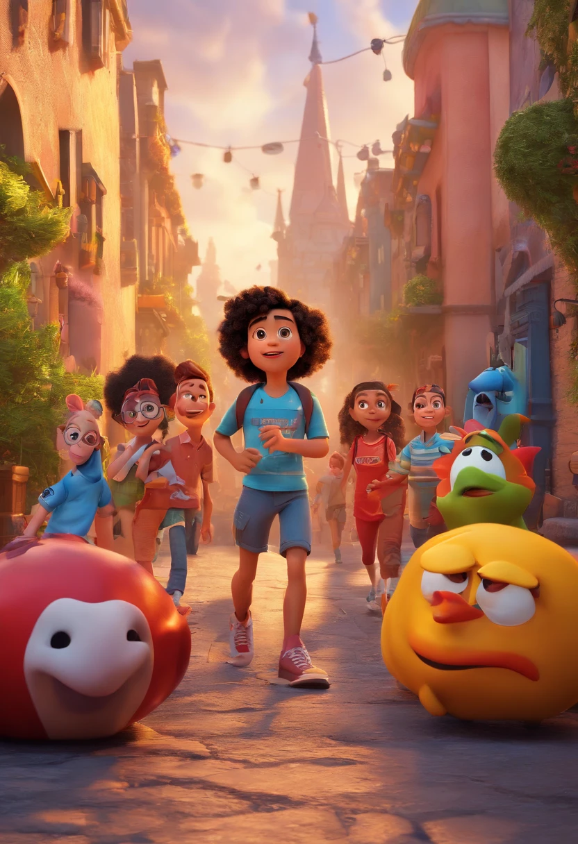 a disney pixar image lookalike 3d animation with 10 kids running from a container catching fire and a vulture buzzard character with crossed arms and a red and bleck horizontally striped shirt in the front with a naughty smile