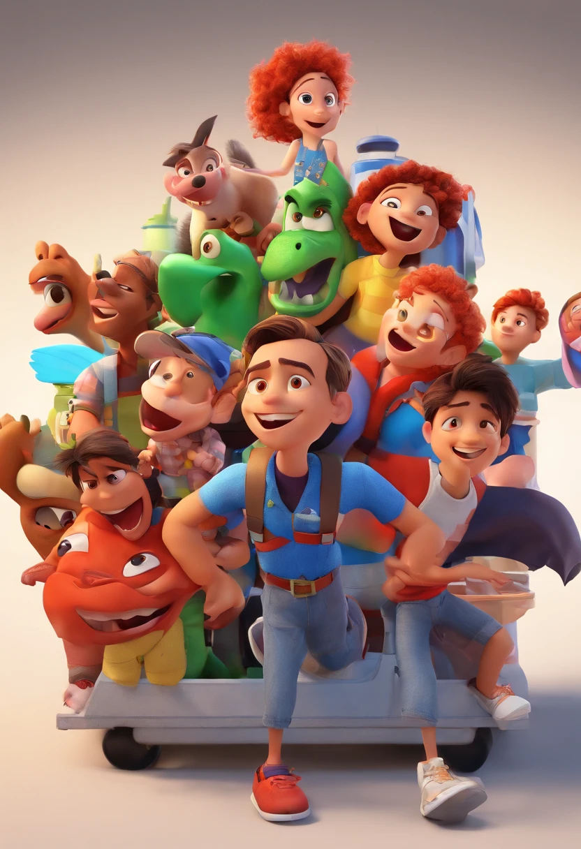 a disney pixar image lookalike 3d animation with 10 kids running from a container catching fire and a vulture buzzard character with crossed arms and a red and bleck horizontally striped shirt in the front with a naughty smile