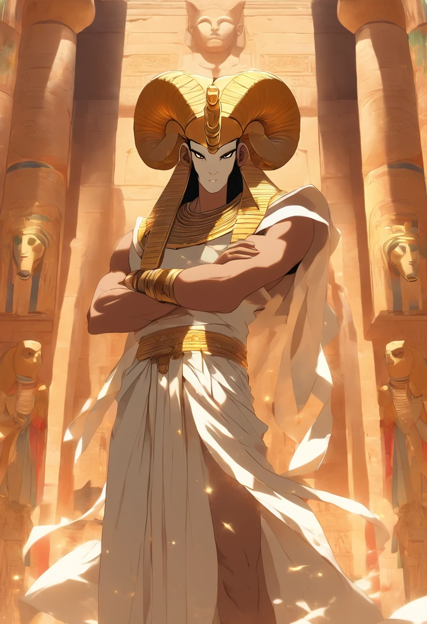 (((Man's body and ram's head)), best quality, very high resolution, 4K detailed CG, masterpiece, Egyptian mythology, KHNUM, sun in the background, Ancient Egypt, standing pose, ram god, white clothes , Egyptian clothing, Egyptian temple, desert, Ancient Egypt, ((ram's head, man's body)), Egyptian palace, aesthetics, beautiful image, centered on screen, standing pose