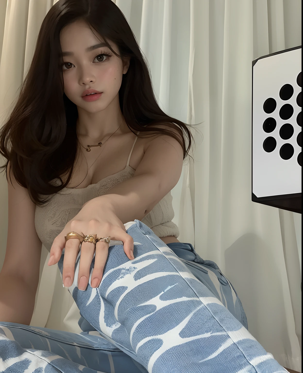 There's a woman sitting on a bed with a blue and white blanket, jennie blackpink, jossi do blackpink, Jinyoung Canela, Heonhwa Choe, Retrato de Jossi de Blackpink, Gongbi, Parque Roseanne do Blackpink, Jaeyeon Nam, tzuyu de duas vezes, TaeJune Kim, photo of a hand jewellery model, Album art, imagem vazada