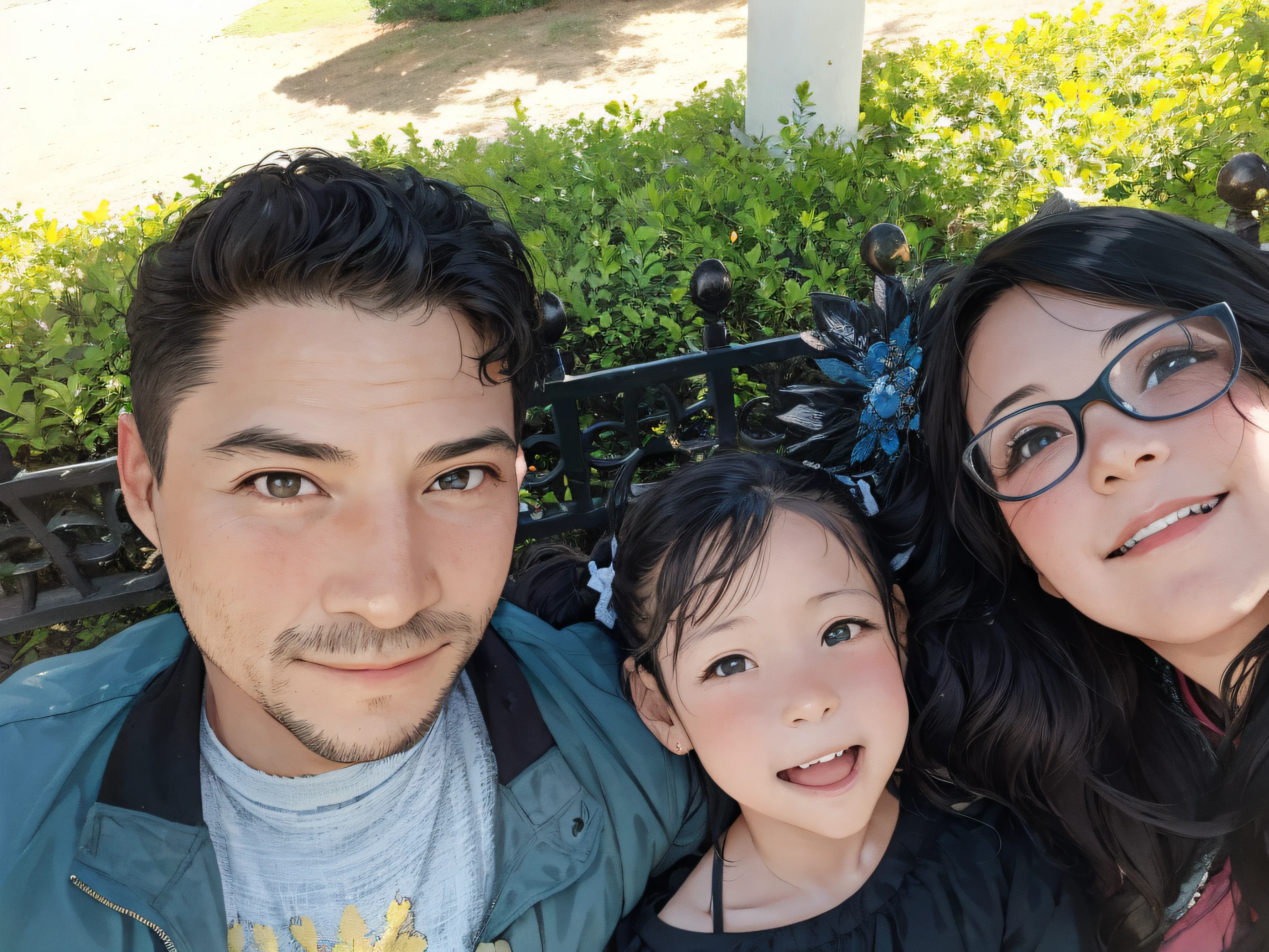 there are two people and a child posing for a picture, husband wife and daugther, profile image, family photo, happy family, at a park, at the park on a beautiful day, having a great time, family portrait, 8k selfie photograph, anime style, medieval clothing, ultra detailed, hispanic