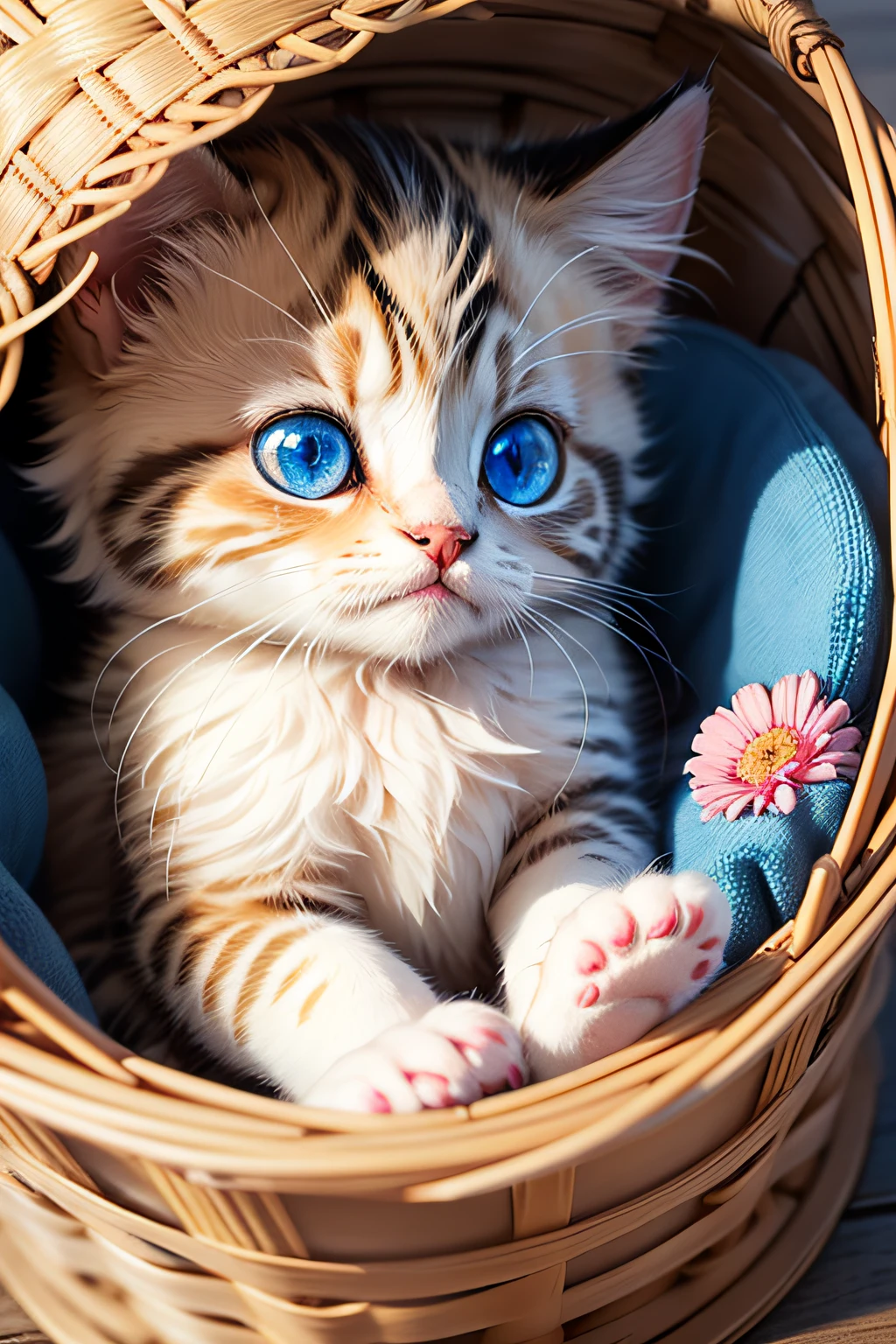 Little fluffy kitten with big blue eyes peeking out of a basket