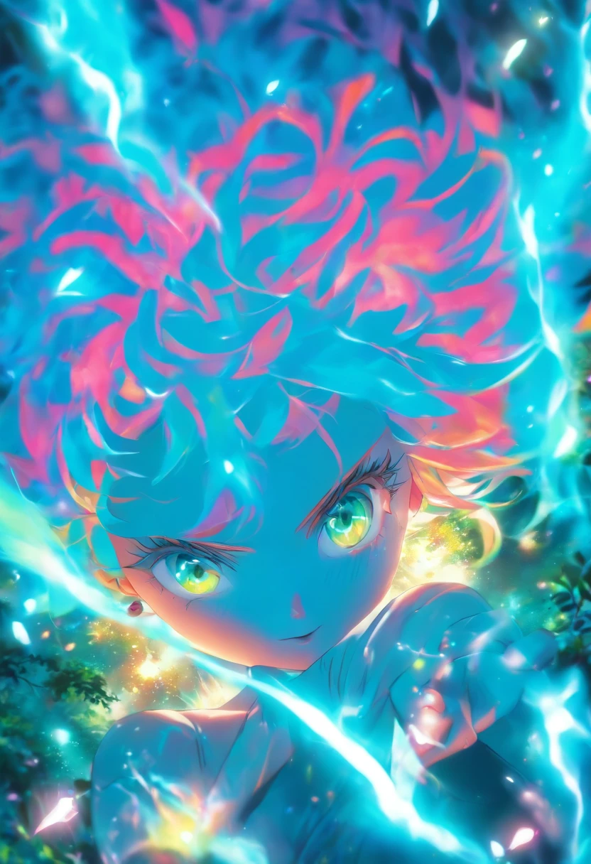 (bestquality,10,10,highres,masterpiece:1.2),ultra-detail,(Realistic,photorealistic portrait,photo-realistic:1.37),Female with teal eyes glowing,Rainbow hair,Cast a glow spell.,Mysterious Forest,illustration,Charming atmosphere,vibrant colours,gentle lighting,Fair-skinned