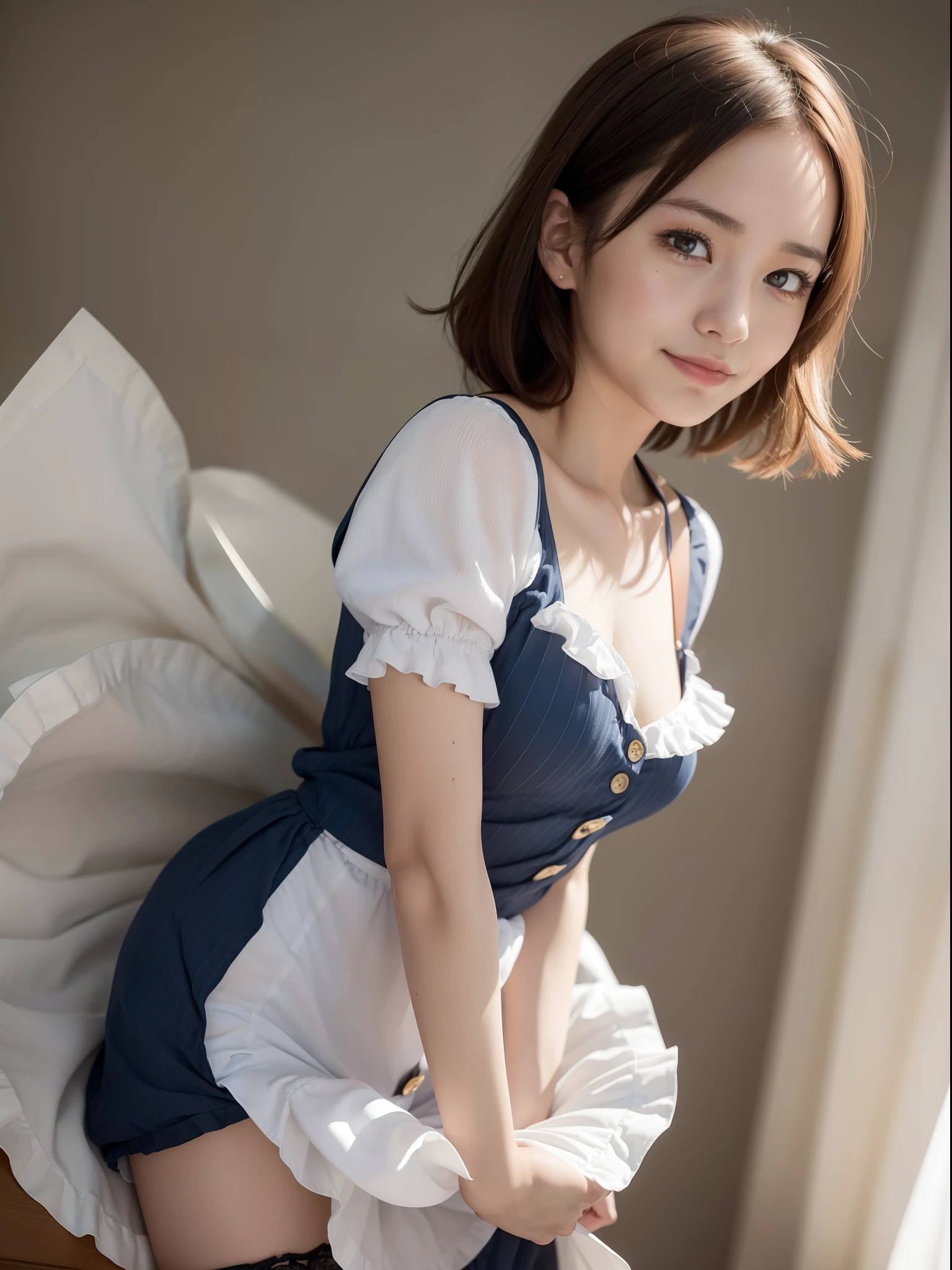Wear the world's most gorgeous light blue maid outfit,Z Cup Big,Sculpture model attracts, (1girl in:1.3)、photos realistic、Photorealsitic:1.4 Official art、ultra-detailliert、Beautiful and aesthetic、Beautiful fece、masterpiece、top-quality、Colossal tits、(barechested)、Cute smile、In the world's most exclusive café、The most attractive body in the world、Short-cut hairstyles、Looking back、爆乳、The most obscene poses in the world for seducing men、sitted