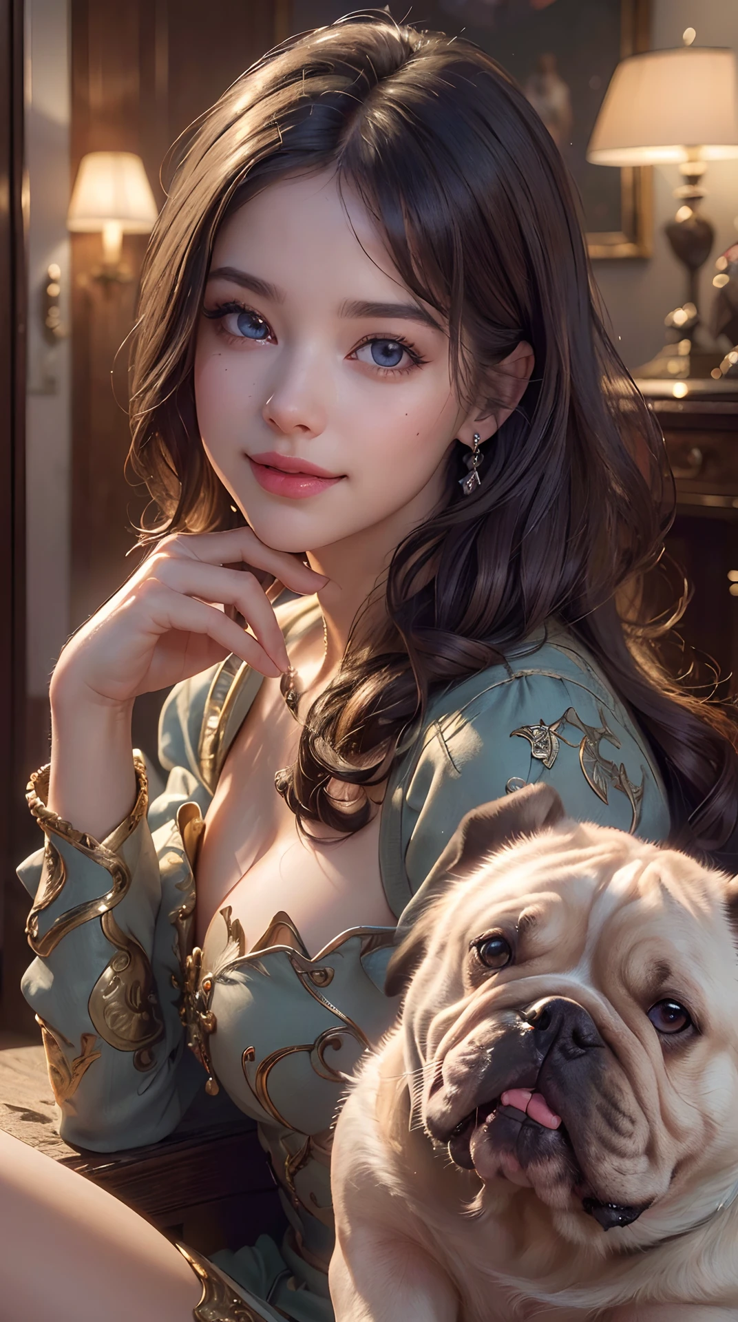 (best quality,4k,8k,highres,masterpiece:1.2), ultra-detailed, (realistic,photorealistic,photo-realistic:1.37),(beautiful detailed eyes, beautiful detailed lips, extremely detailed eyes and face, long eyelashes),studio lighting,physically-based rendering,vivid colors,(Woman holding a bulldog),(Kind smile),