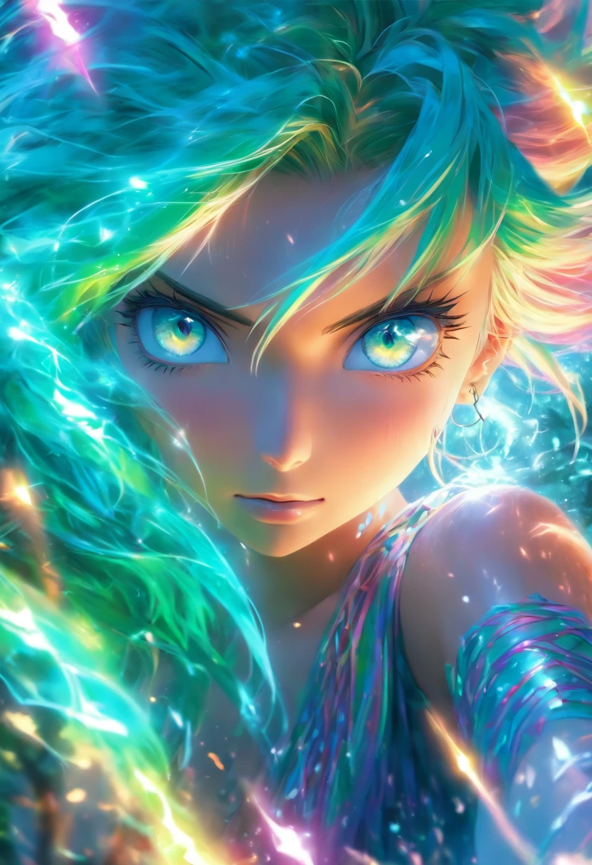 (bestquality,10,10,highres,masterpiece:1.2),ultra-detail,(Realistic,photorealistic portrait,photo-realistic:1.37),Female with teal eyes glowing,Rainbow hair,Cast a glow spell.,Mysterious Forest,illustration,Charming atmosphere,vibrant colours,gentle lighting,Fair-skinned,H Cup Chest,