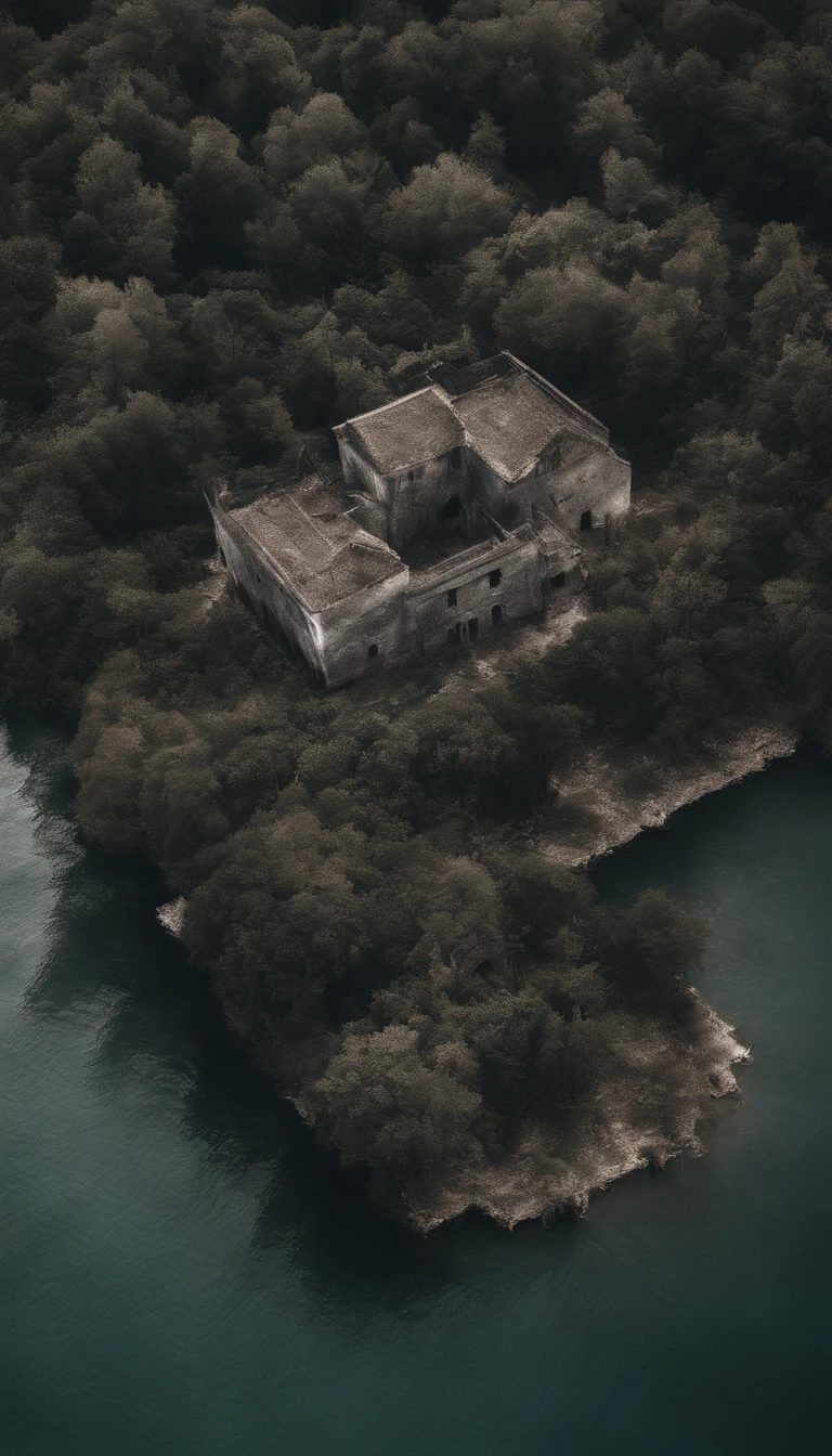 Crie uma imagem com um ambiente de terror, com uma ilha, baseada na ilha de poveglia, in Italy. This island is haunted, tem corvos. Aerial image of the island. Melhor qualidade, 16k