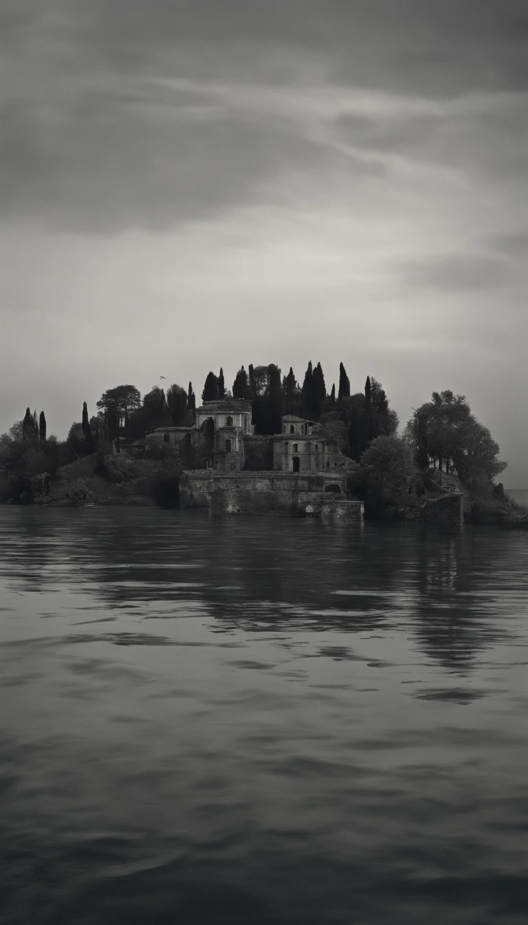 Crie uma imagem com um ambiente de terror, com uma ilha, baseada na ilha de poveglia, in Italy. This island is haunted, tem corvos. Aerial image of the island. Melhor qualidade, 16k
