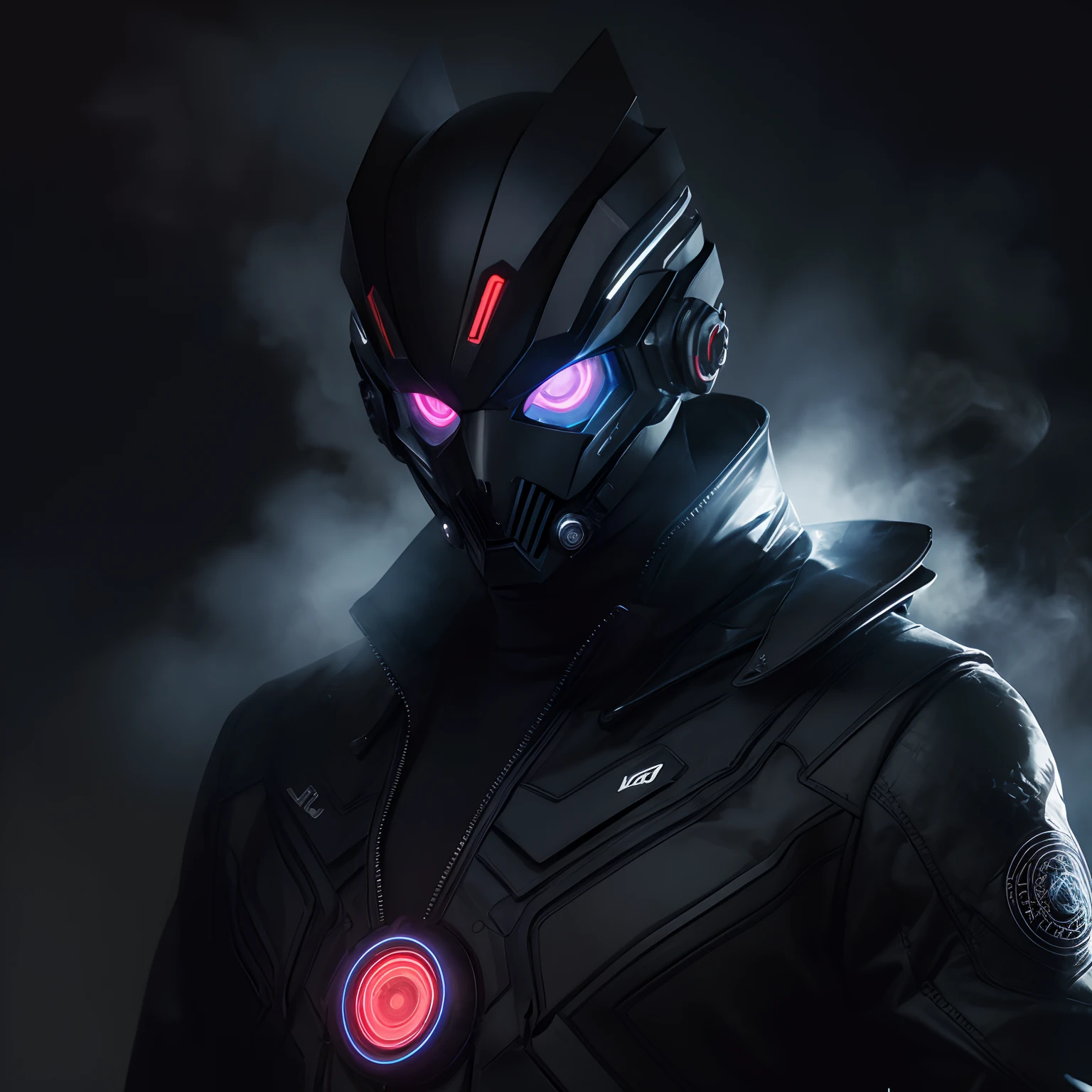 Man in unique mask with cosmic eyes and futuristic overcoat, Simple smoky background, cabelos jogados para o lado, futuristic mask, estilo cyberpunk visto da cinta para cima, Foto realista, 8k, 4k, extreme res, ultra high-resolution, dynamic lighting