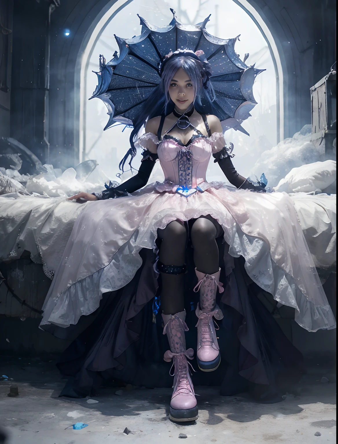 A slender girl ((full body)) with luminous big smile, wearingsmall pink strawaberry pendants in tiara in her sky-blue hair wearing a black giltter leotard attached to a pink puffy leather skirt, and blue glowing sock Concept art by starsnits90, 8hd resolution, cinematic art, dynamic lighting, hyperdetailed, intricately detailed, steampunk,Splash screen art, trending on Artstation, deep color, Unreal Engine, volumetric