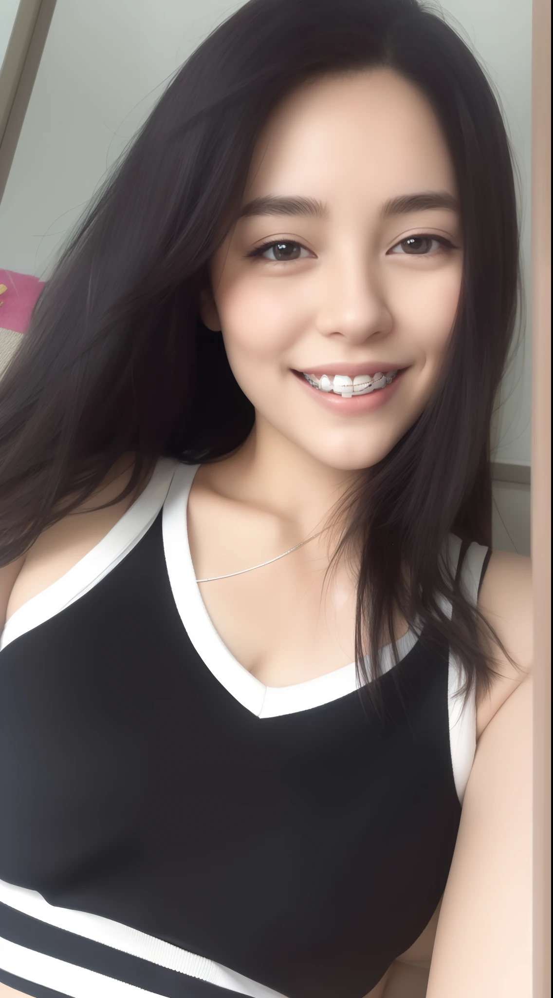 There was a woman with braces and a smiling black shirt..., 30 years old woman, 3 0 years old woman, 2 7 years old, 2 8 years old, 2 9 years old, 2 3 years old, 38 years old, 2 2 years old, 3 2 years old, She has perfect white teeth..., big smile, 2 4 years old, Big breasts, Big breasts Underwear, nudity. Beachfront
