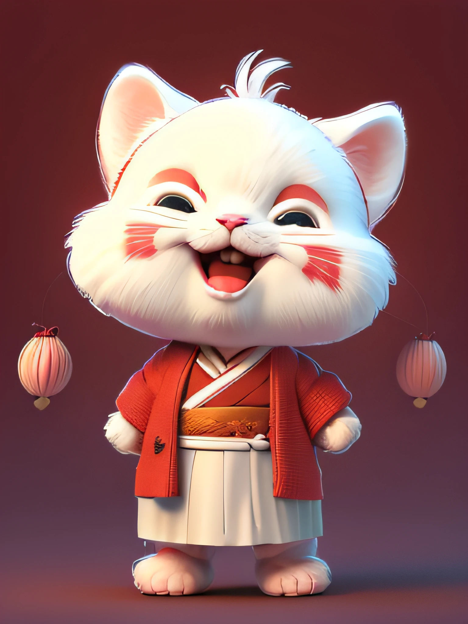 cat wearing red and white men's kimono👘, adult, red kimono with white motifs, simple background, traditional Japanese costume, standing straight, long legs, (bright smiling mouth: 1.0) (complete drawing details Perfect: 1.0) high quality, hd, detailed, sharp